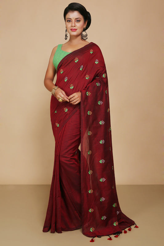 Lamp Embroidery Cotton saree With Blouse Piece (Maroon)