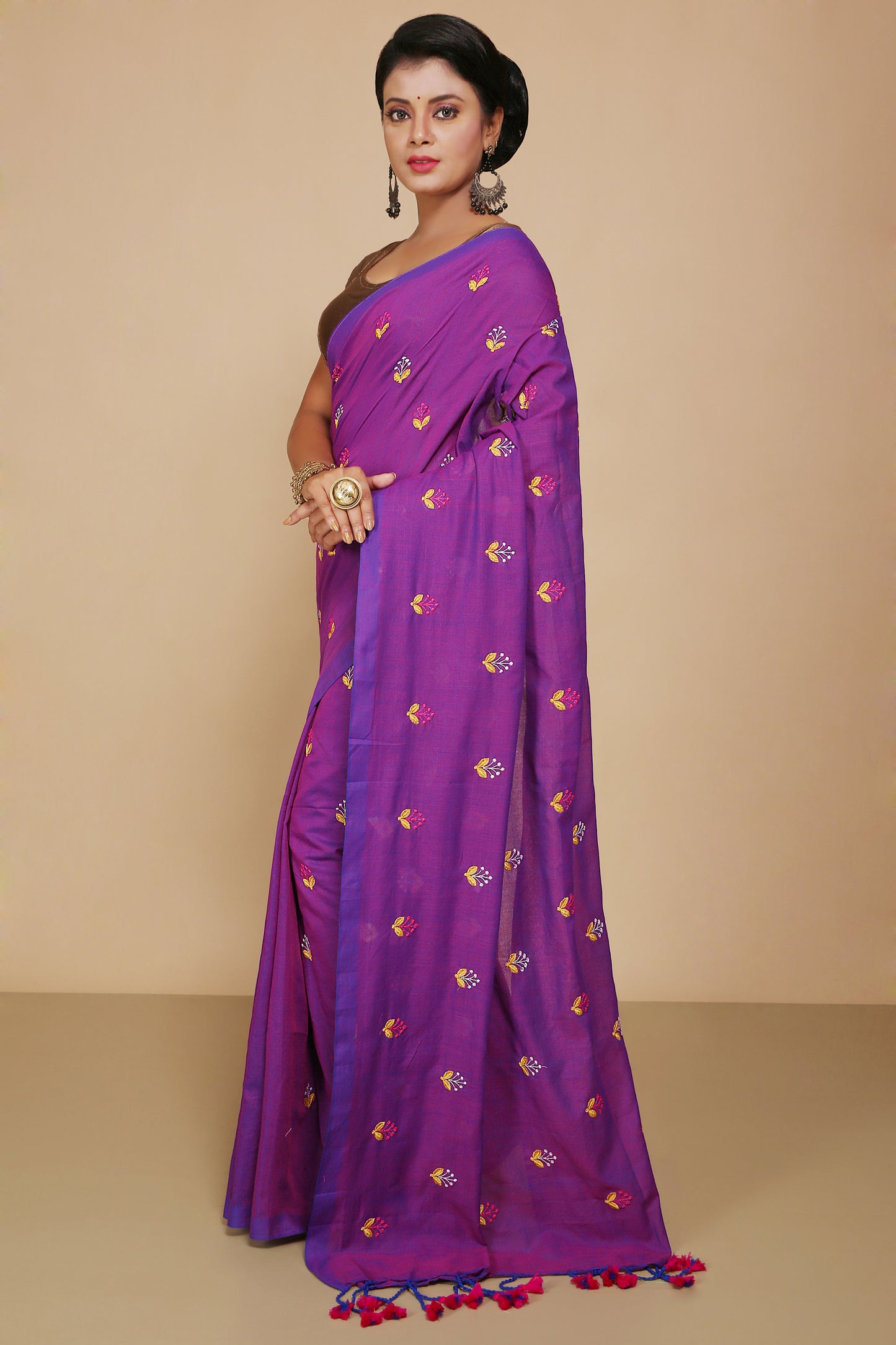 Lamp Embroidery Cotton saree With Blouse Piece (Violet)