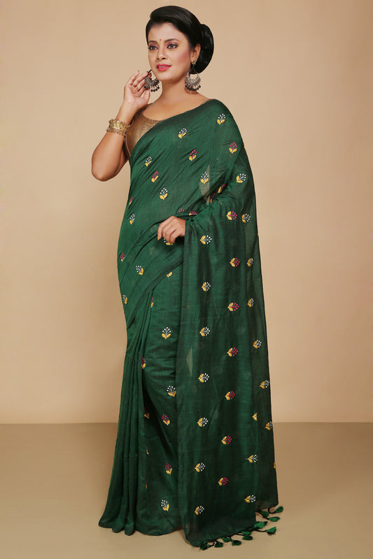 Lamp Embroidery Cotton saree With Blouse Piece (Green)