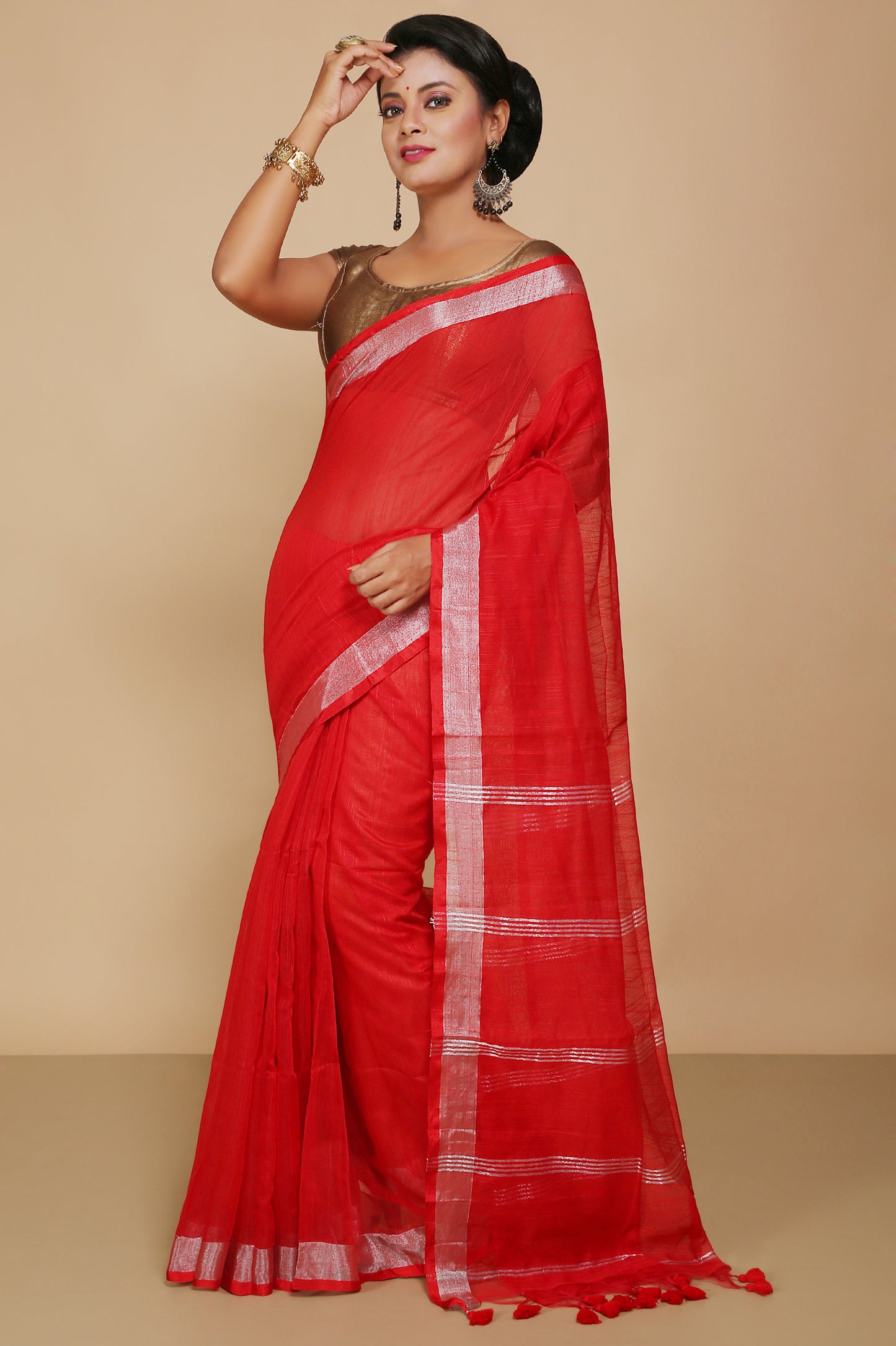 Traditional Indian Weaving Anchal Jari Cotton Check Saree With Blouse Piece (Red)