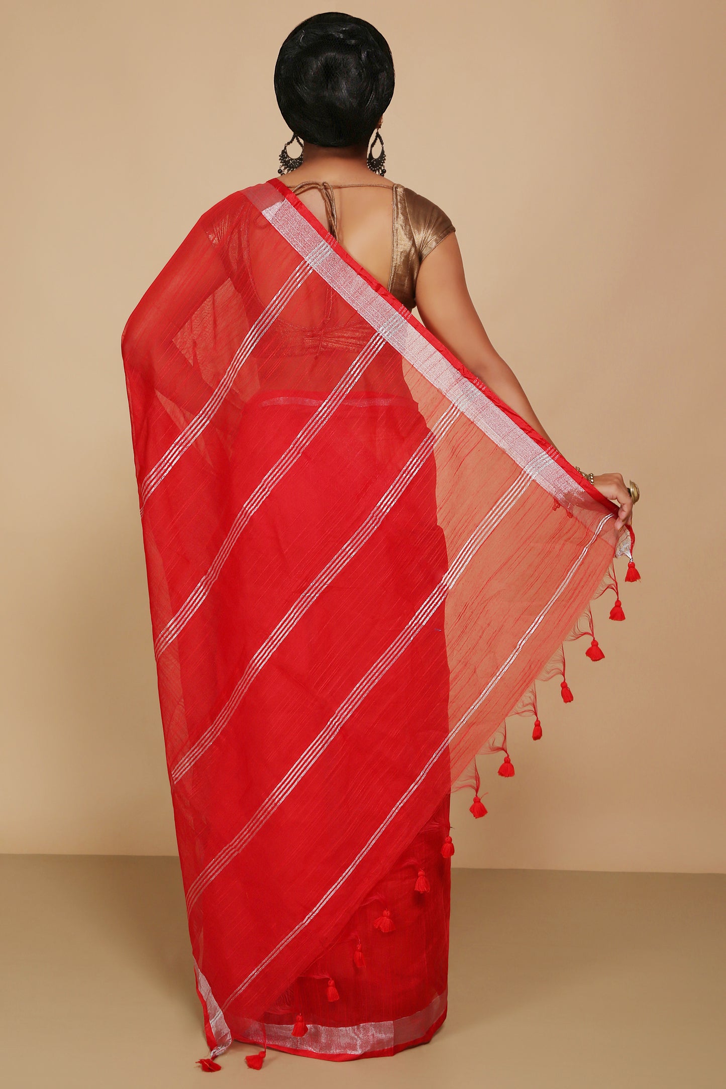 Traditional Indian Weaving Anchal Jari Cotton Check Saree With Blouse Piece (Red)