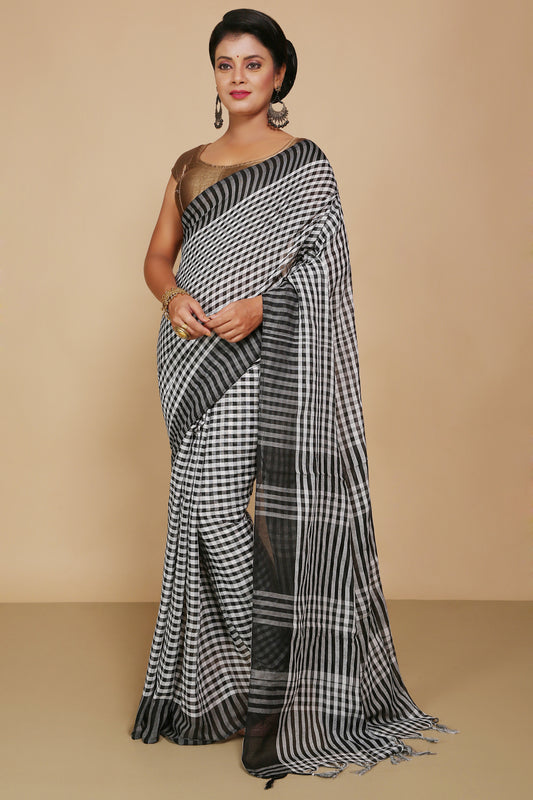 Cotton Check Saree With Blouse Piece (White Black)