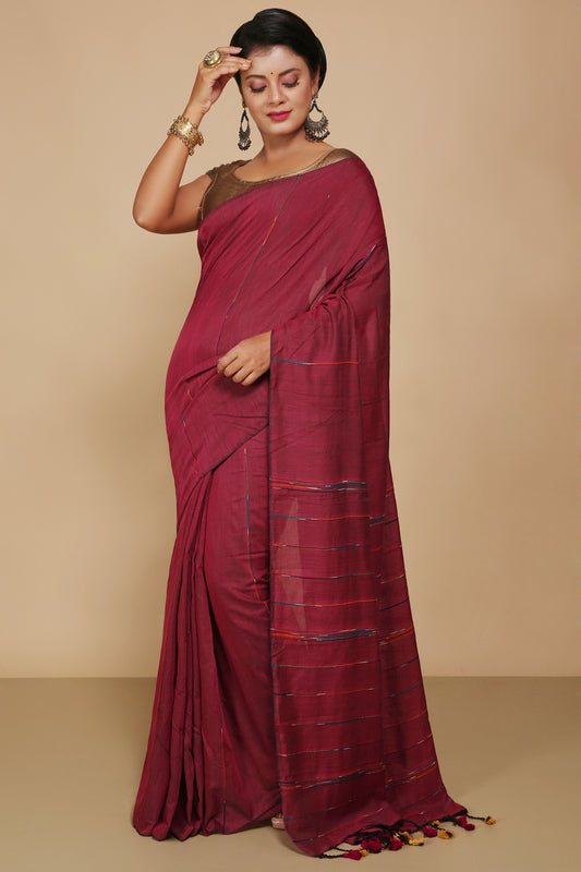 Traditional Khes Cotton Saree With Blouse Piece (Maroon)