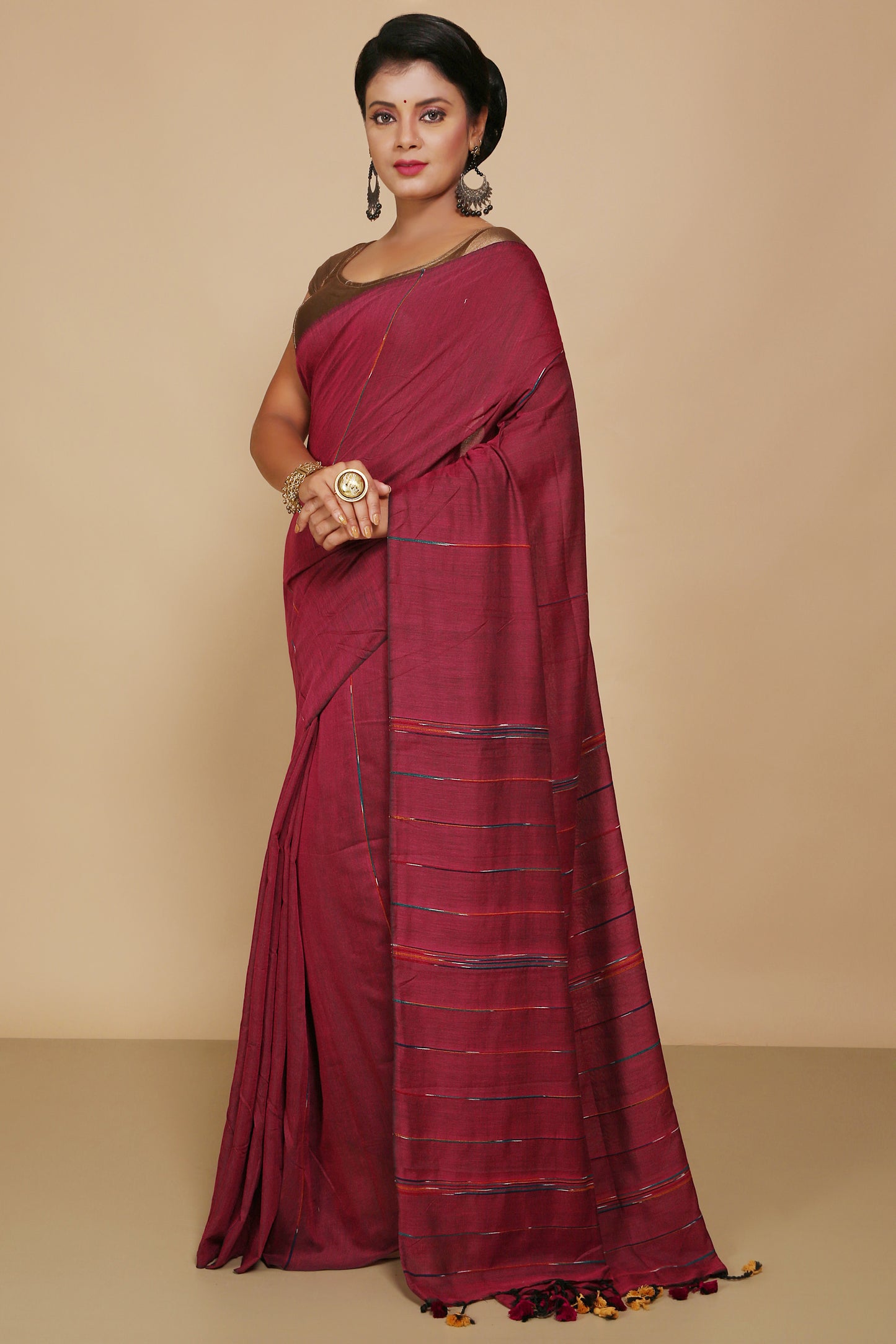 Traditional Khes Cotton Saree With Blouse Piece (Maroon)