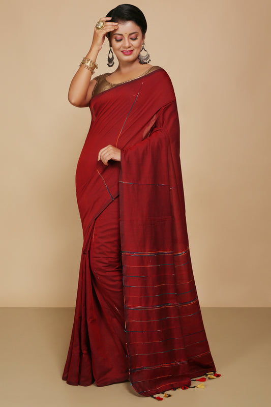 Traditional Khes Cotton Saree With Blouse Piece (Red)