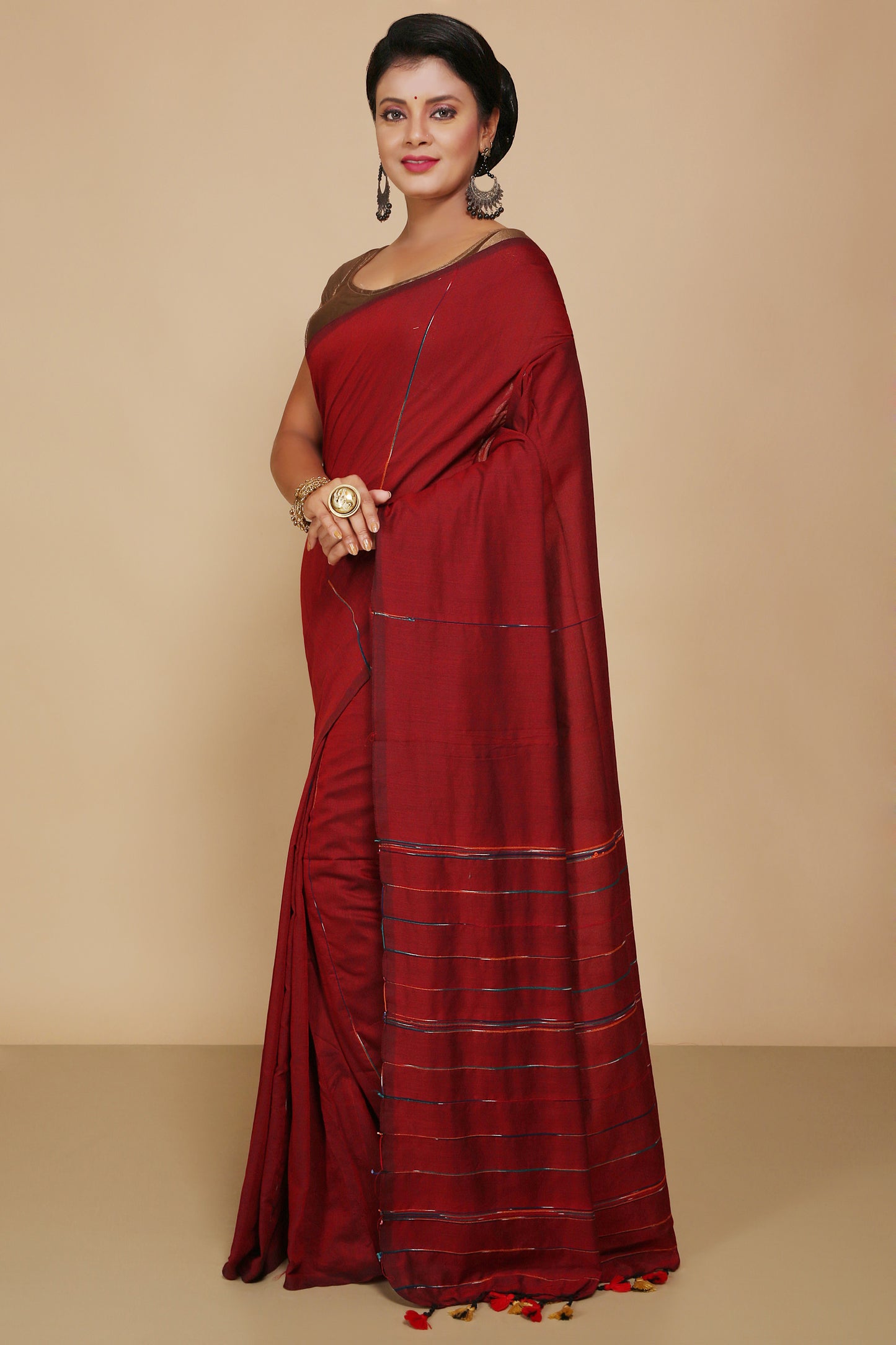 Traditional Khes Cotton Saree With Blouse Piece (Red)