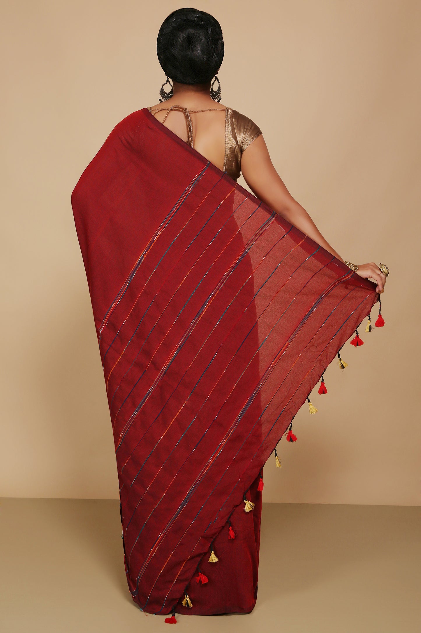 Traditional Khes Cotton Saree With Blouse Piece (Red)