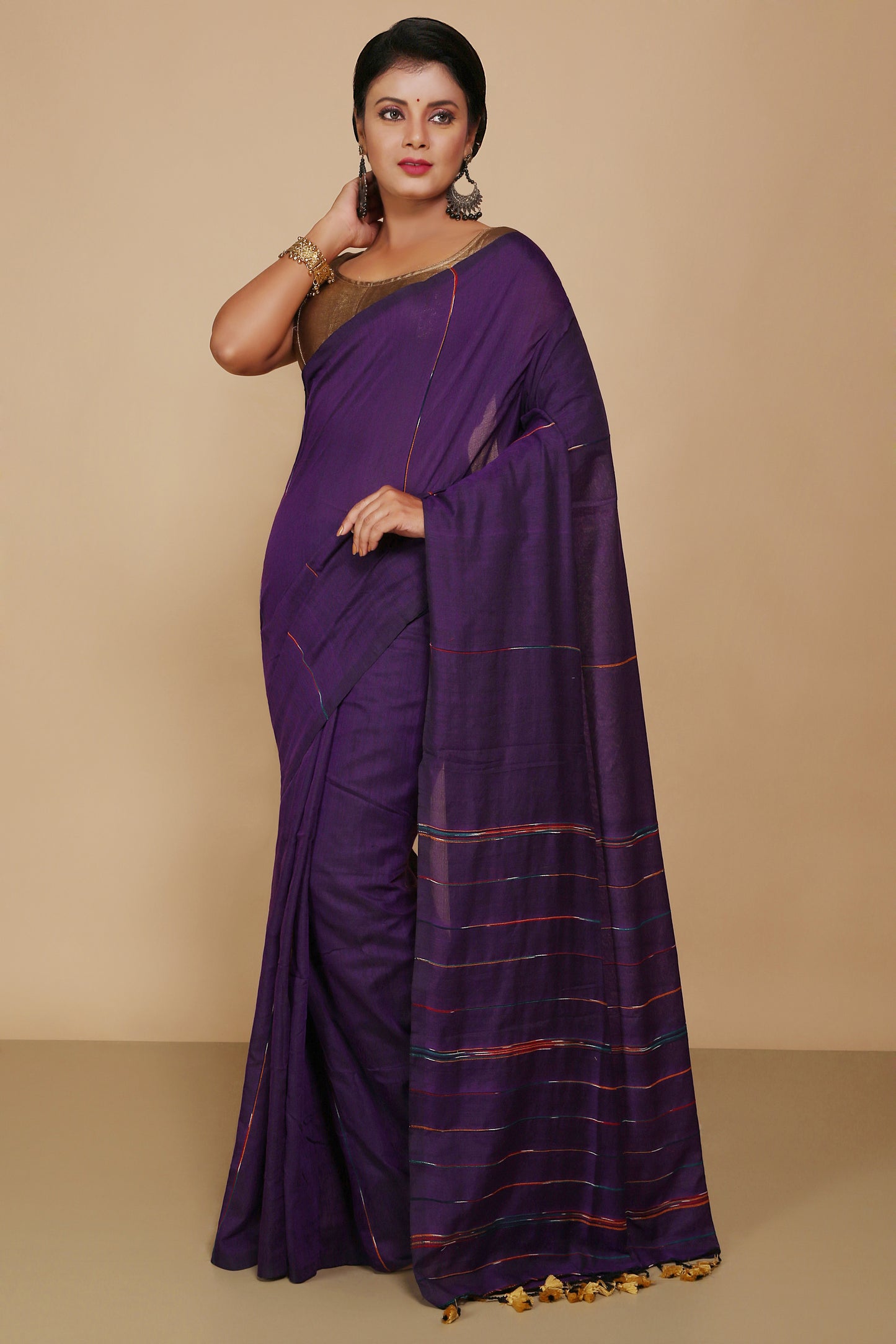 Traditional Khes Cotton Saree With Blouse Piece (Violet)