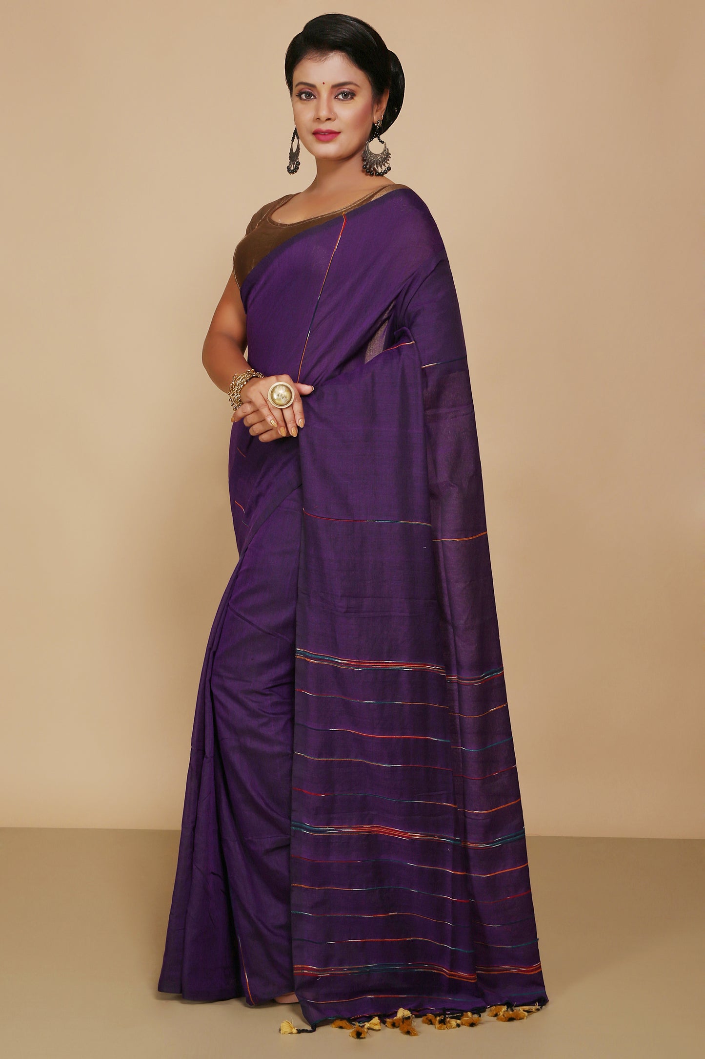 Traditional Khes Cotton Saree With Blouse Piece (Violet)