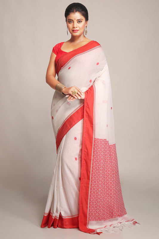 Cotton Silk Aam Brocade Softs Sarees. (White & Red)