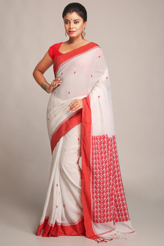 Cotton Silk Brocade Softs Sarees. (White & Red)