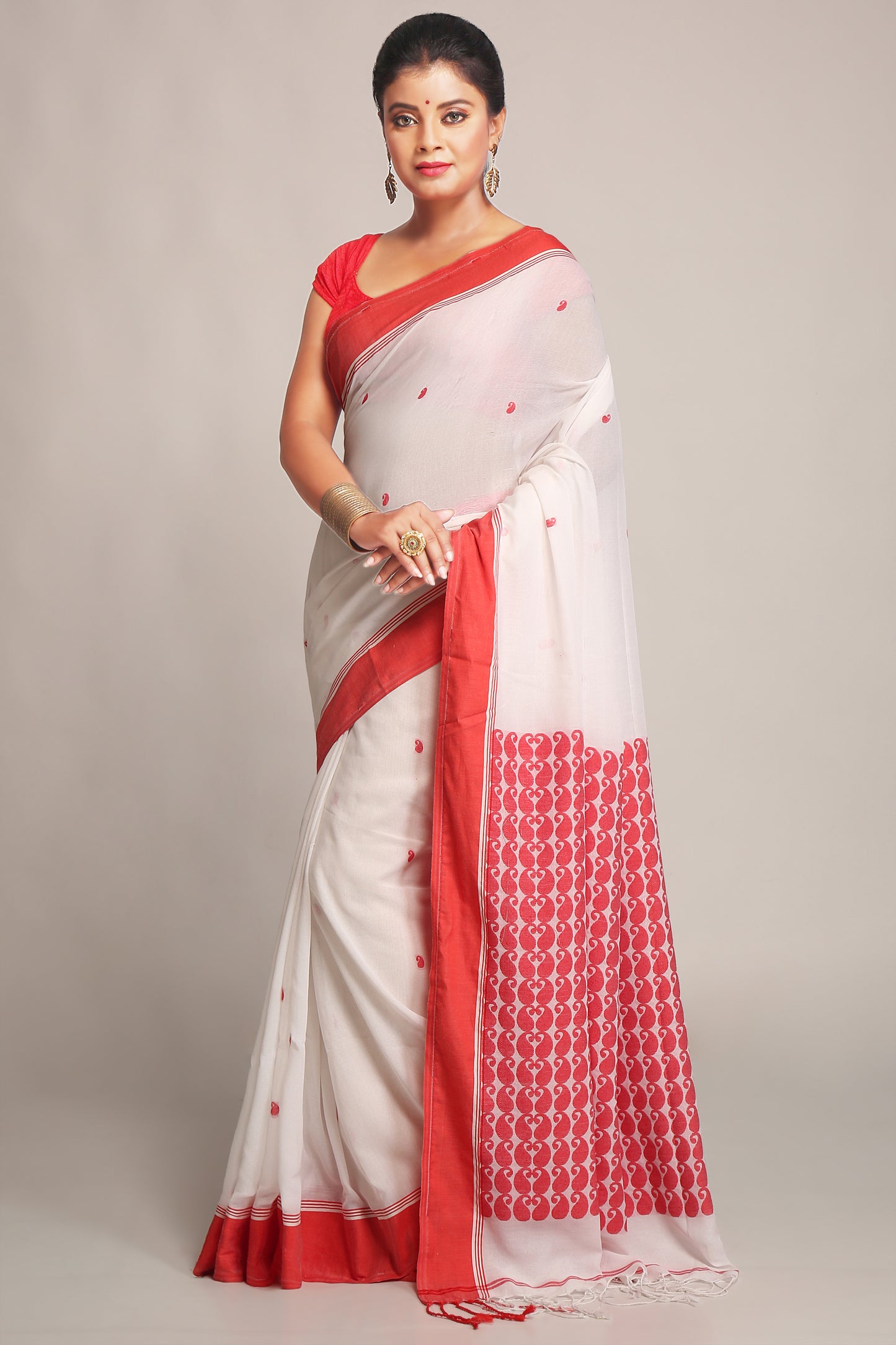 Cotton Silk Brocade Softs Sarees. (White & Red)