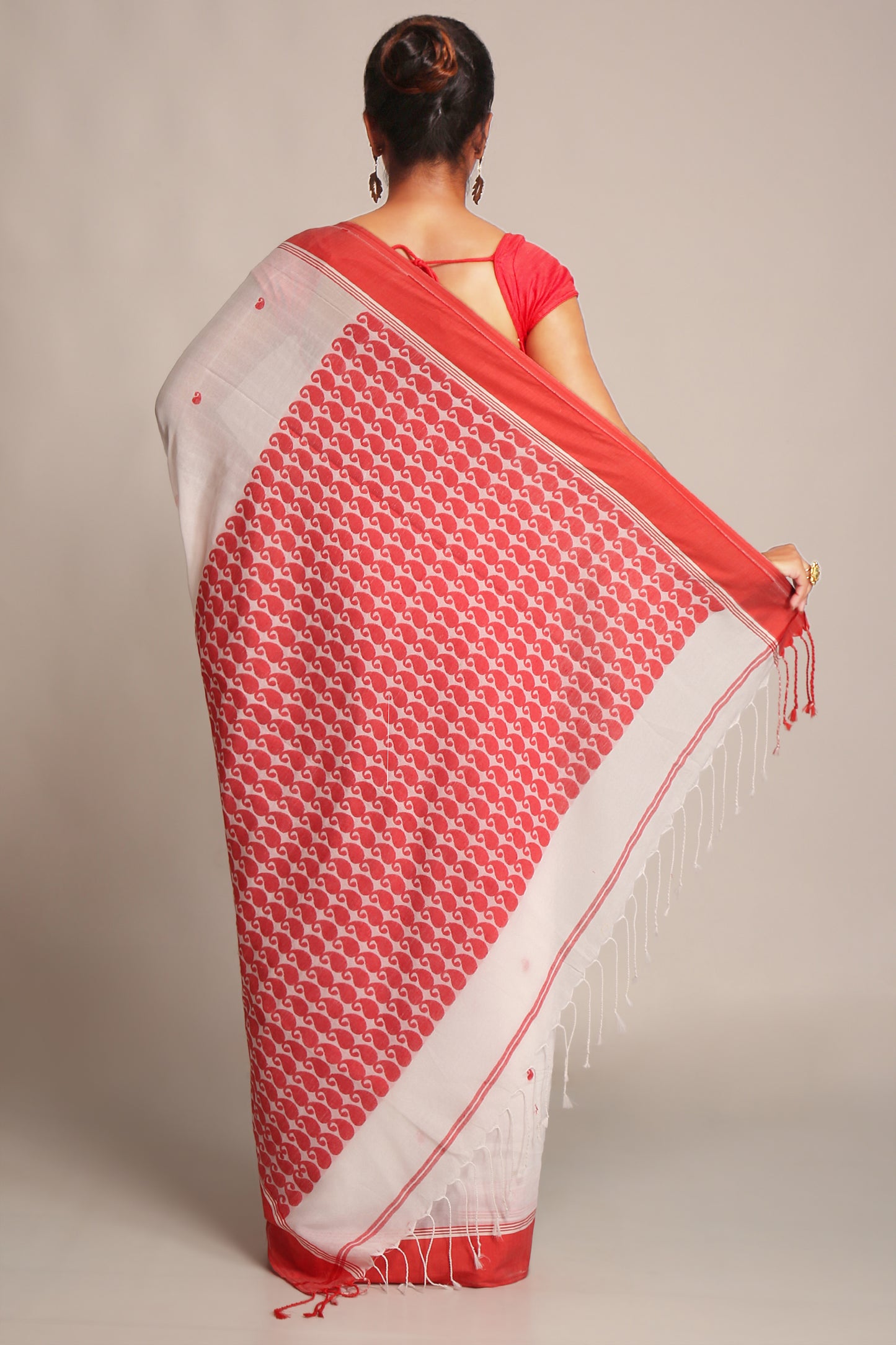 Cotton Silk Brocade Softs Sarees. (White & Red)