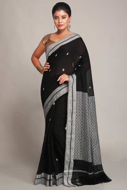 Cotton Silk Brocade Softs Sarees. (Black & White)