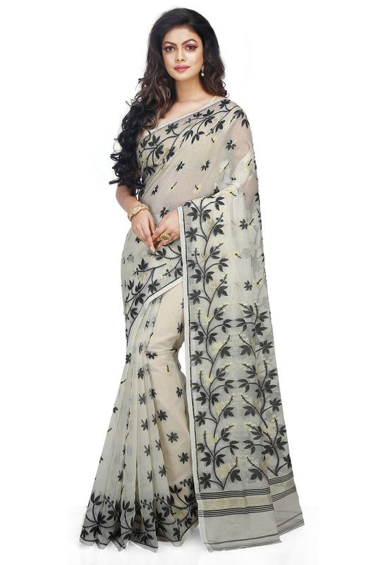 Cotton Silk Angur Dhakai Allover Soft Jamdani Sarees (White & Black)