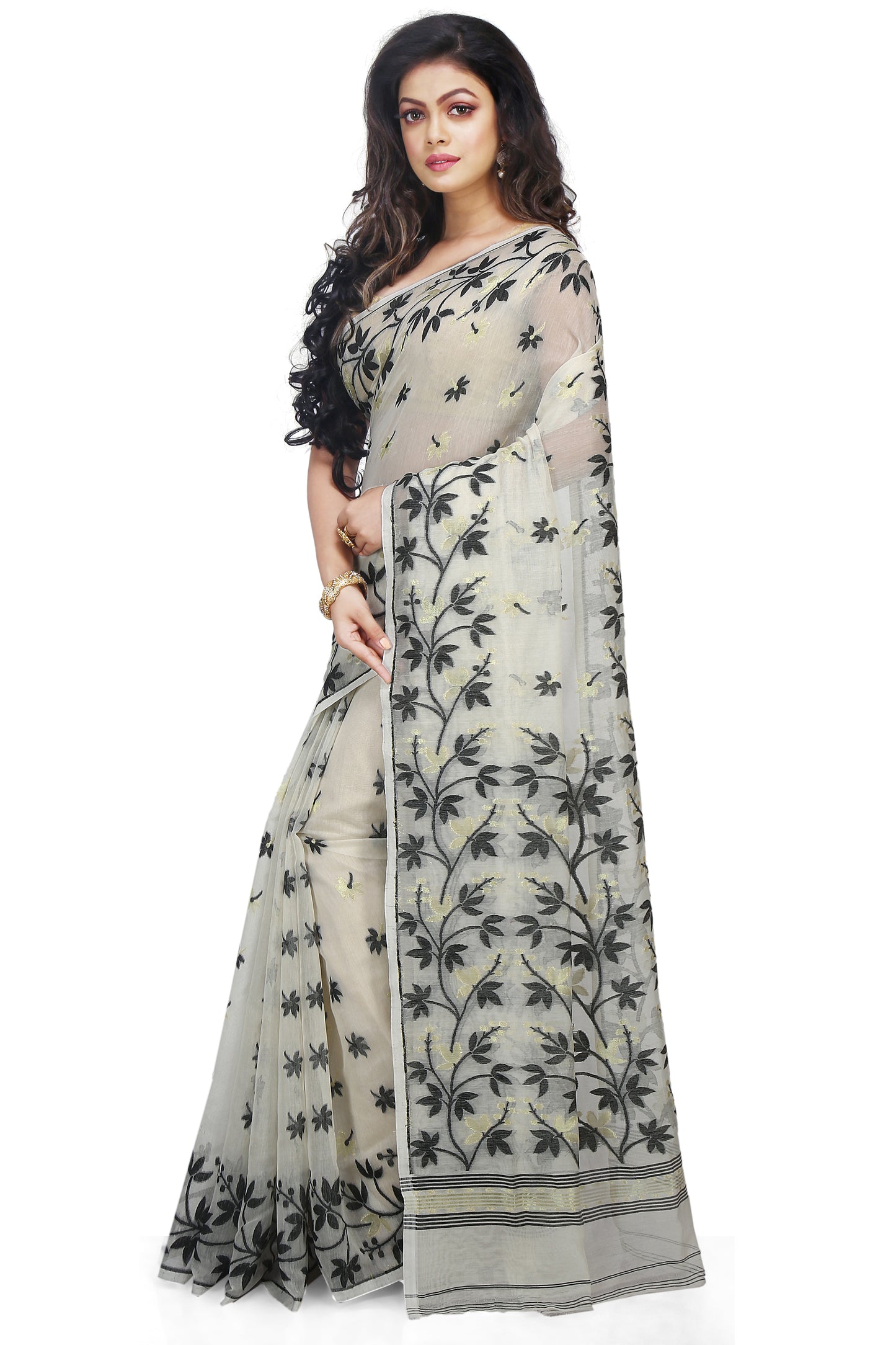 Cotton Silk Angur Dhakai Allover Soft Jamdani Sarees (White & Black)