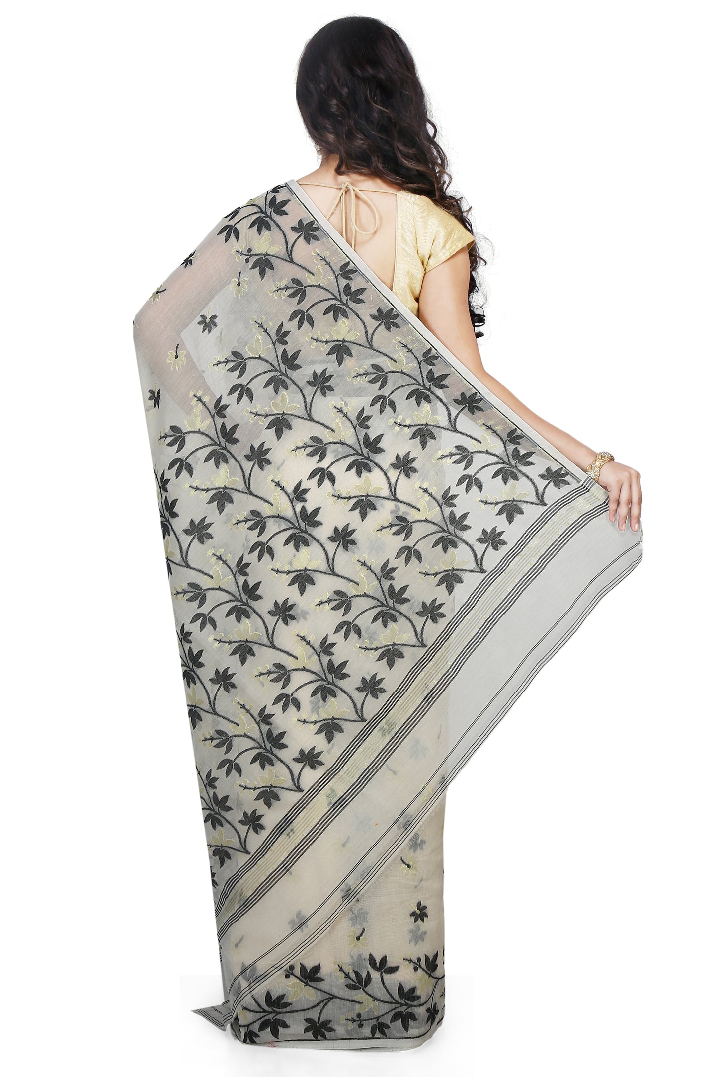 Cotton Silk Angur Dhakai Allover Soft Jamdani Sarees (White & Black)