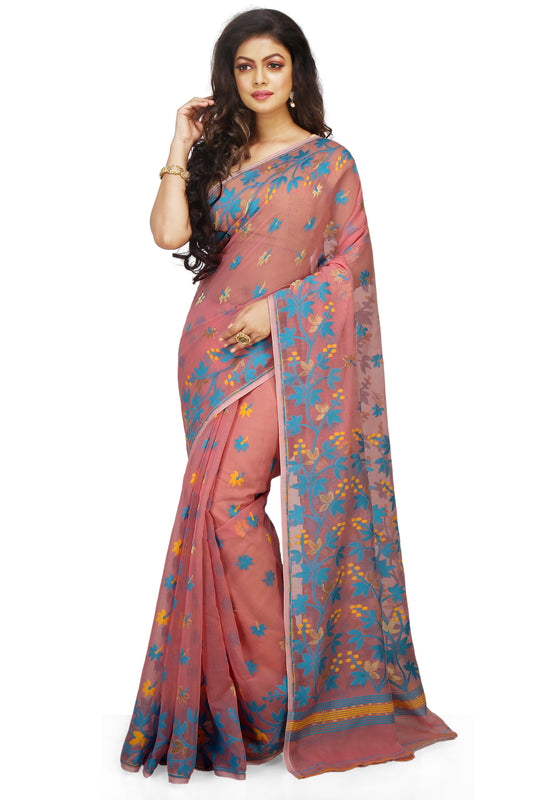 Cotton Silk Angur Dhakai Allover Soft Jamdani Sarees (Pink)