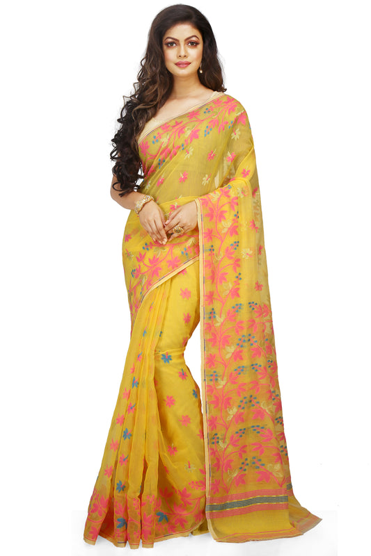 Cotton Silk Angur Dhakai Allover Soft Jamdani Sarees (Yellow)