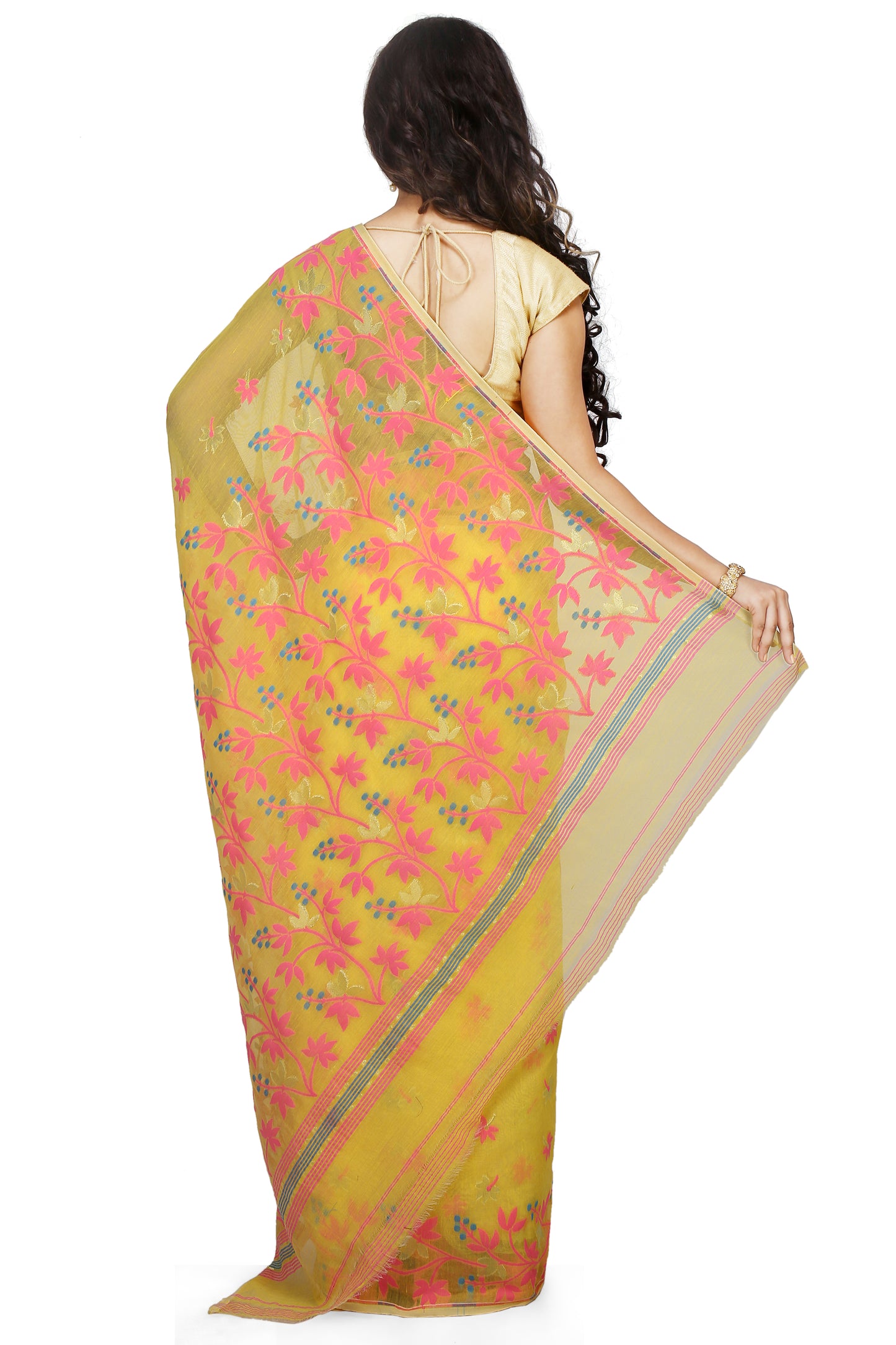 Cotton Silk Angur Dhakai Allover Soft Jamdani Sarees (Yellow)