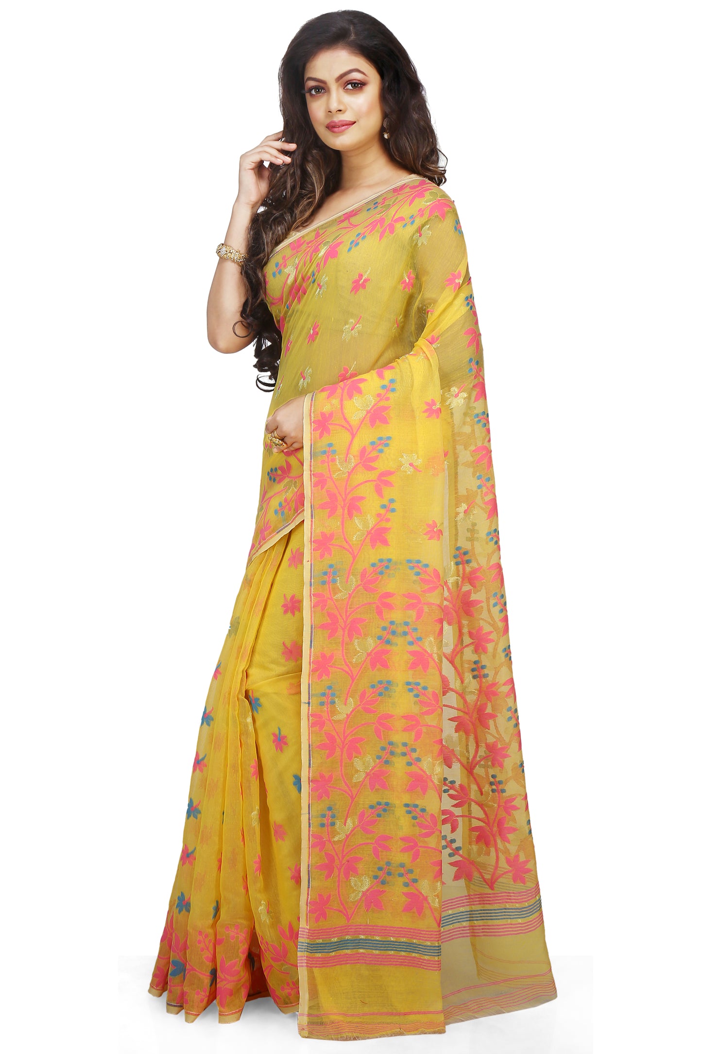 Cotton Silk Angur Dhakai Allover Soft Jamdani Sarees (Yellow)