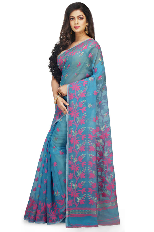 Cotton Silk Angur Dhakai Allover Soft Jamdani Sarees (Sky)