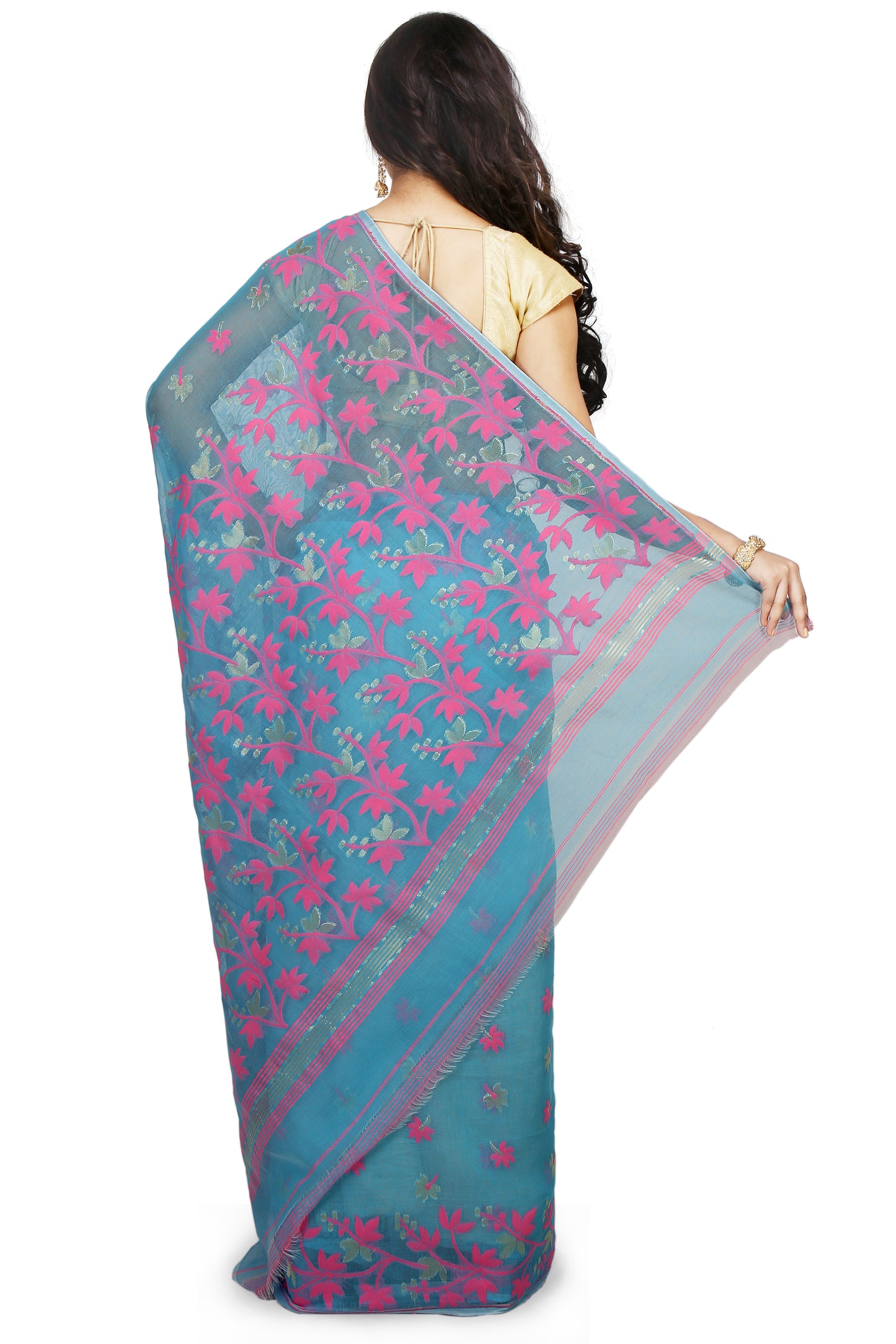 Cotton Silk Angur Dhakai Allover Soft Jamdani Sarees (Sky)