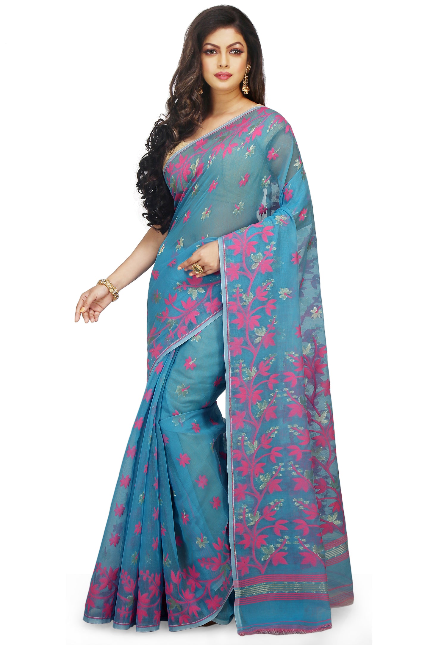 Cotton Silk Angur Dhakai Allover Soft Jamdani Sarees (Sky)