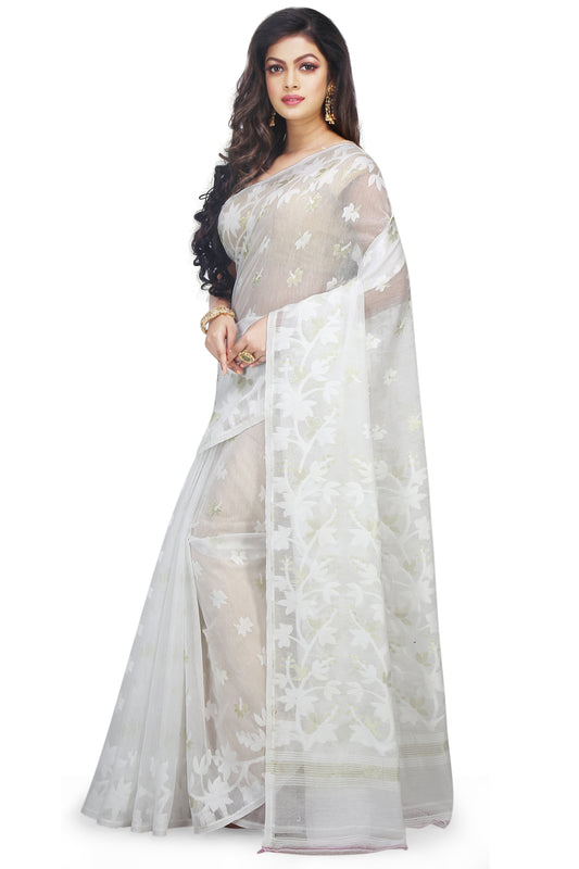 Cotton Silk Angur Dhakai Allover Soft Jamdani Sarees (White)