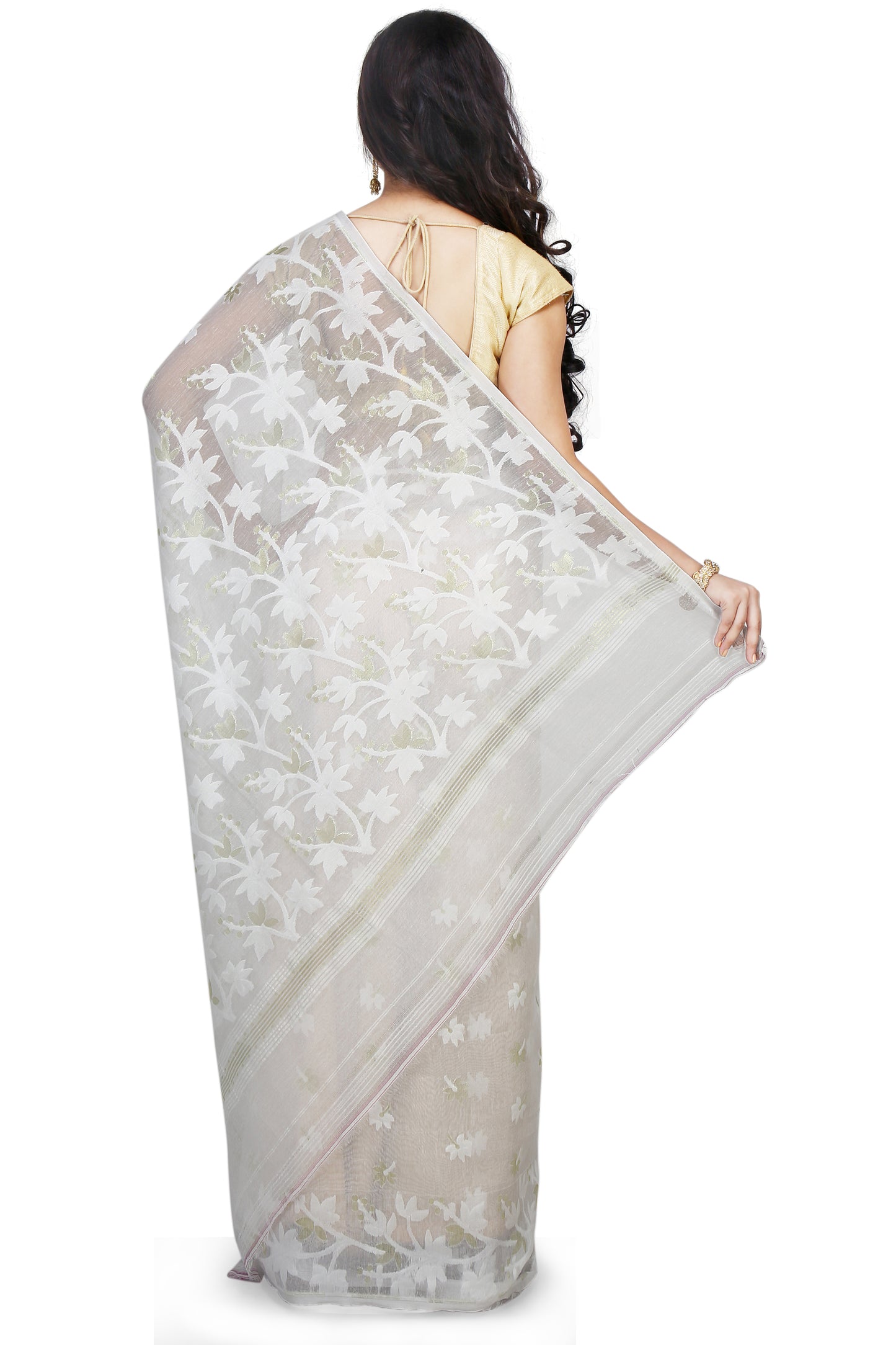 Cotton Silk Angur Dhakai Allover Soft Jamdani Sarees (White)