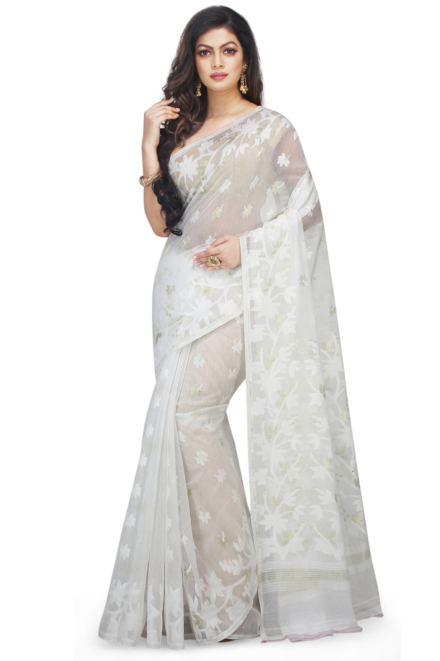 Cotton Silk Angur Dhakai Allover Soft Jamdani Sarees (White)