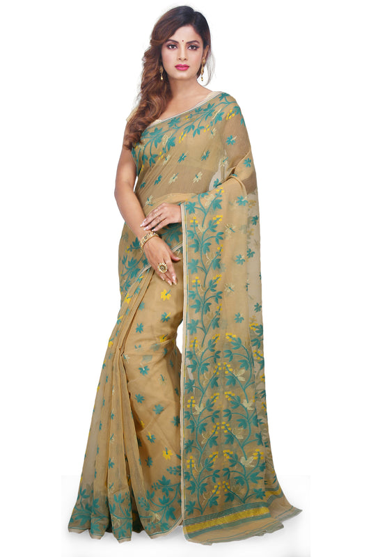 Cotton Silk Angur Dhakai Allover Soft Jamdani Sarees (Beige)