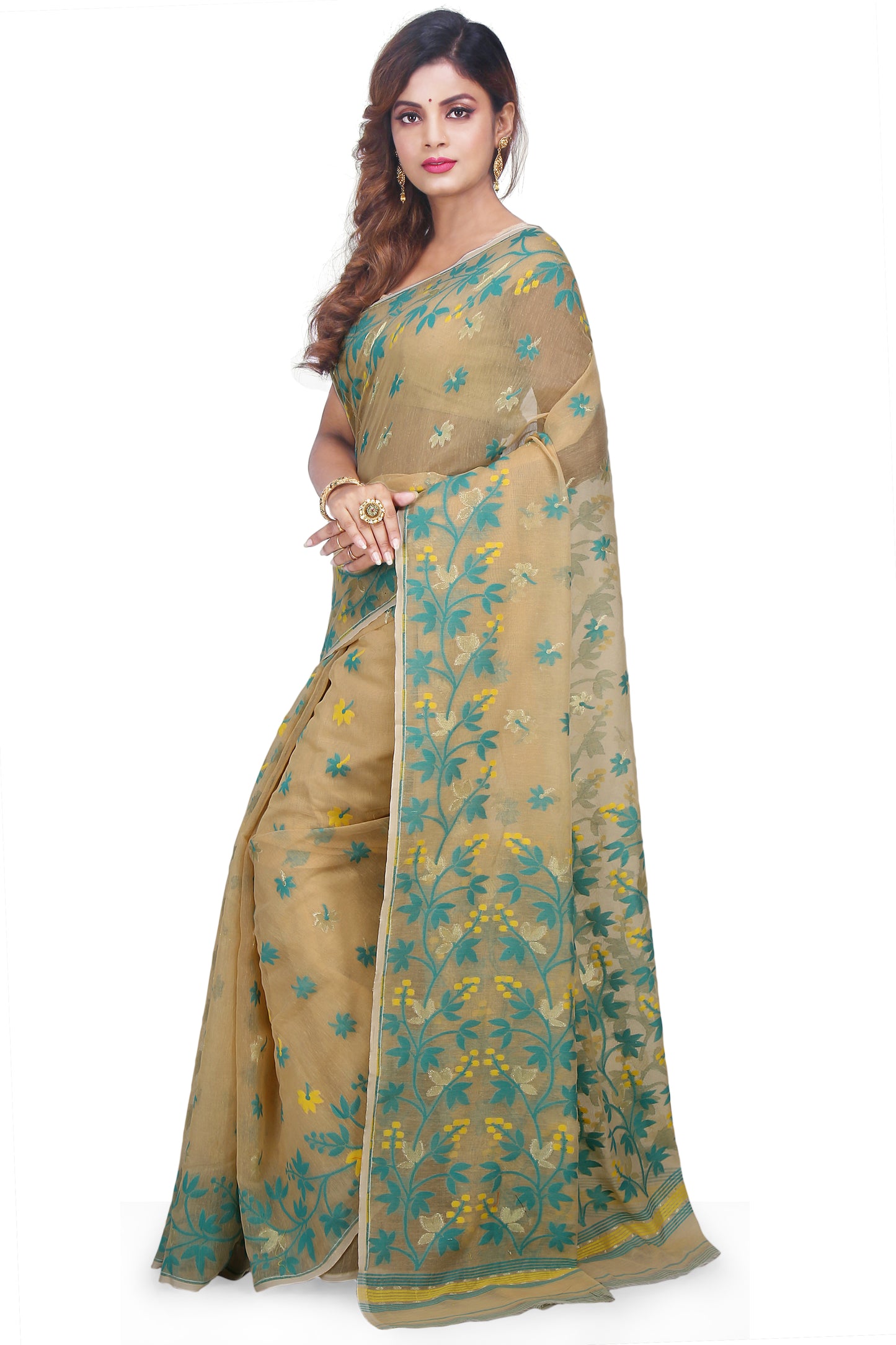 Cotton Silk Angur Dhakai Allover Soft Jamdani Sarees (Beige)