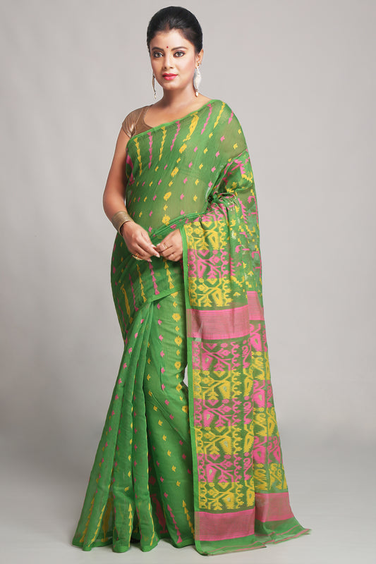 Cotton Silk Dhakai Green Pink Soft Jamdani Sarees