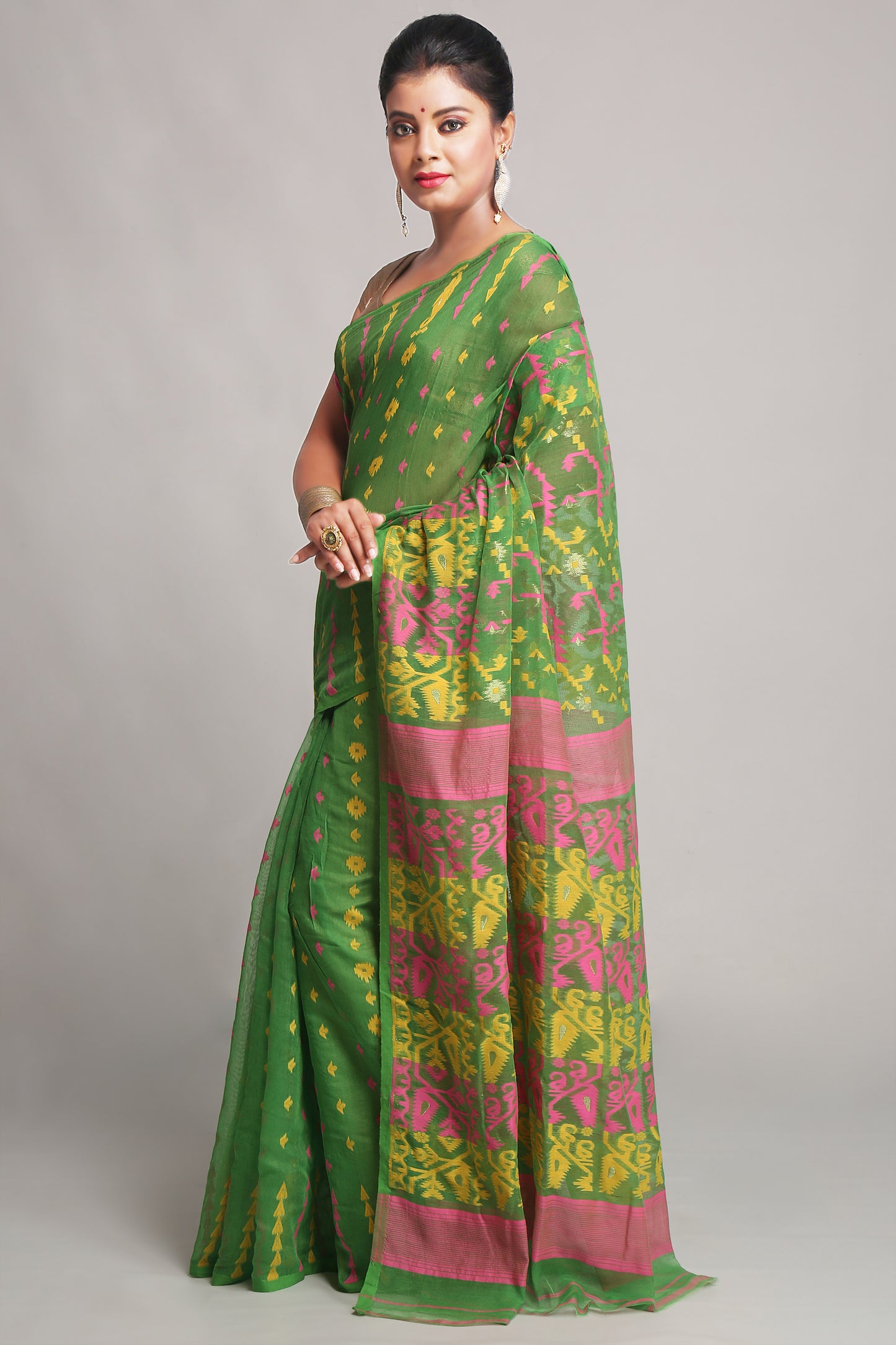 Cotton Silk Dhakai Green Pink Soft Jamdani Sarees