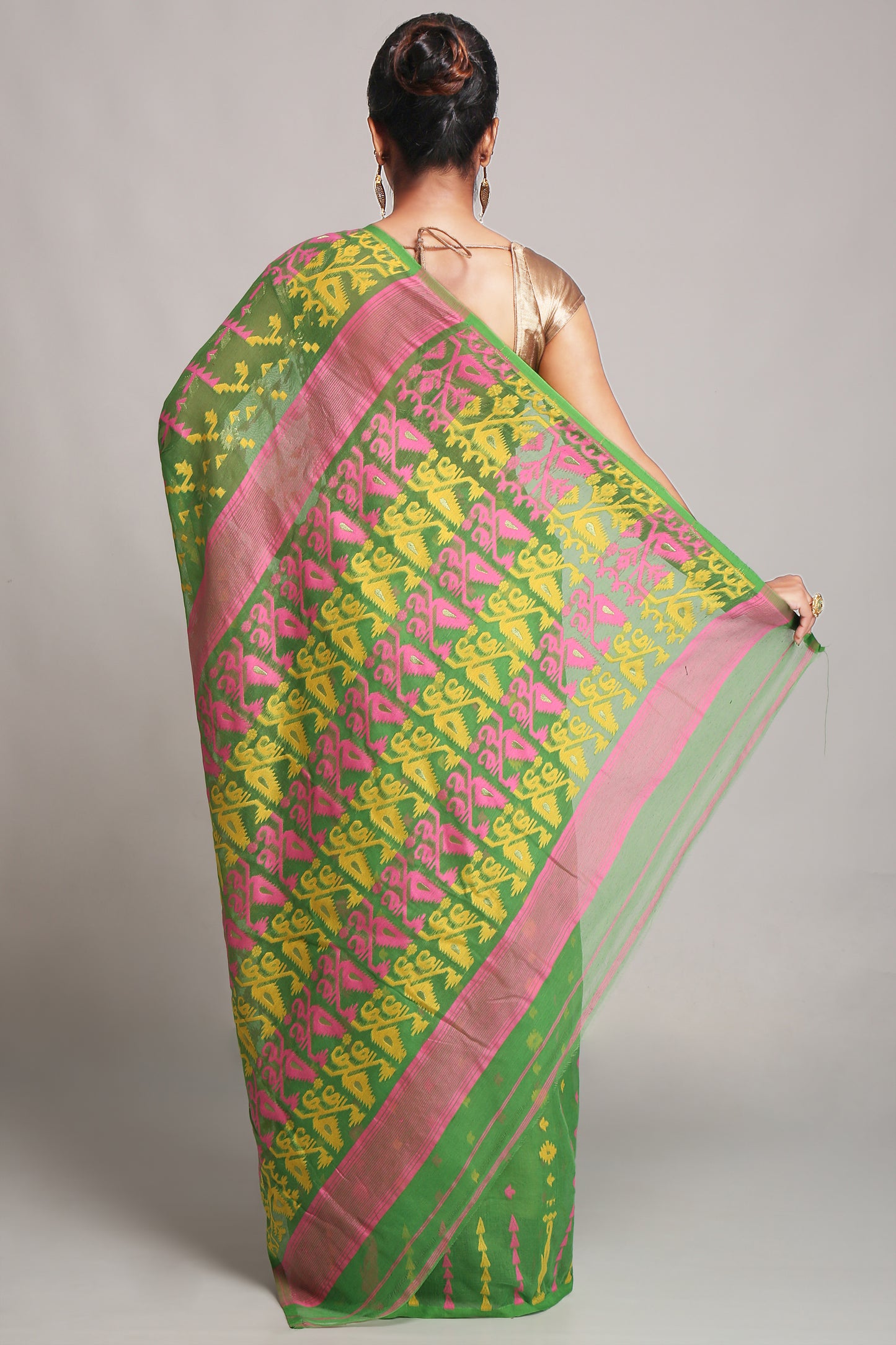 Cotton Silk Dhakai Green Pink Soft Jamdani Sarees