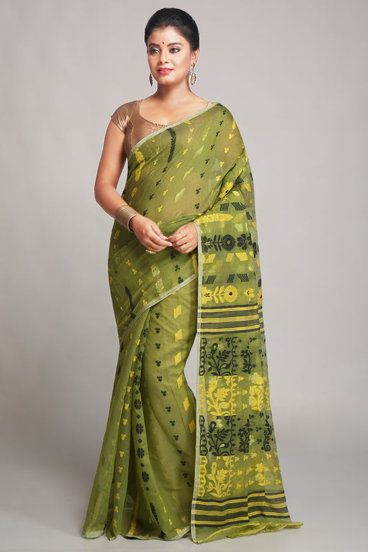 Cotton Silk Dhakai Soft Belpata Deep Green Jamdani Sarees