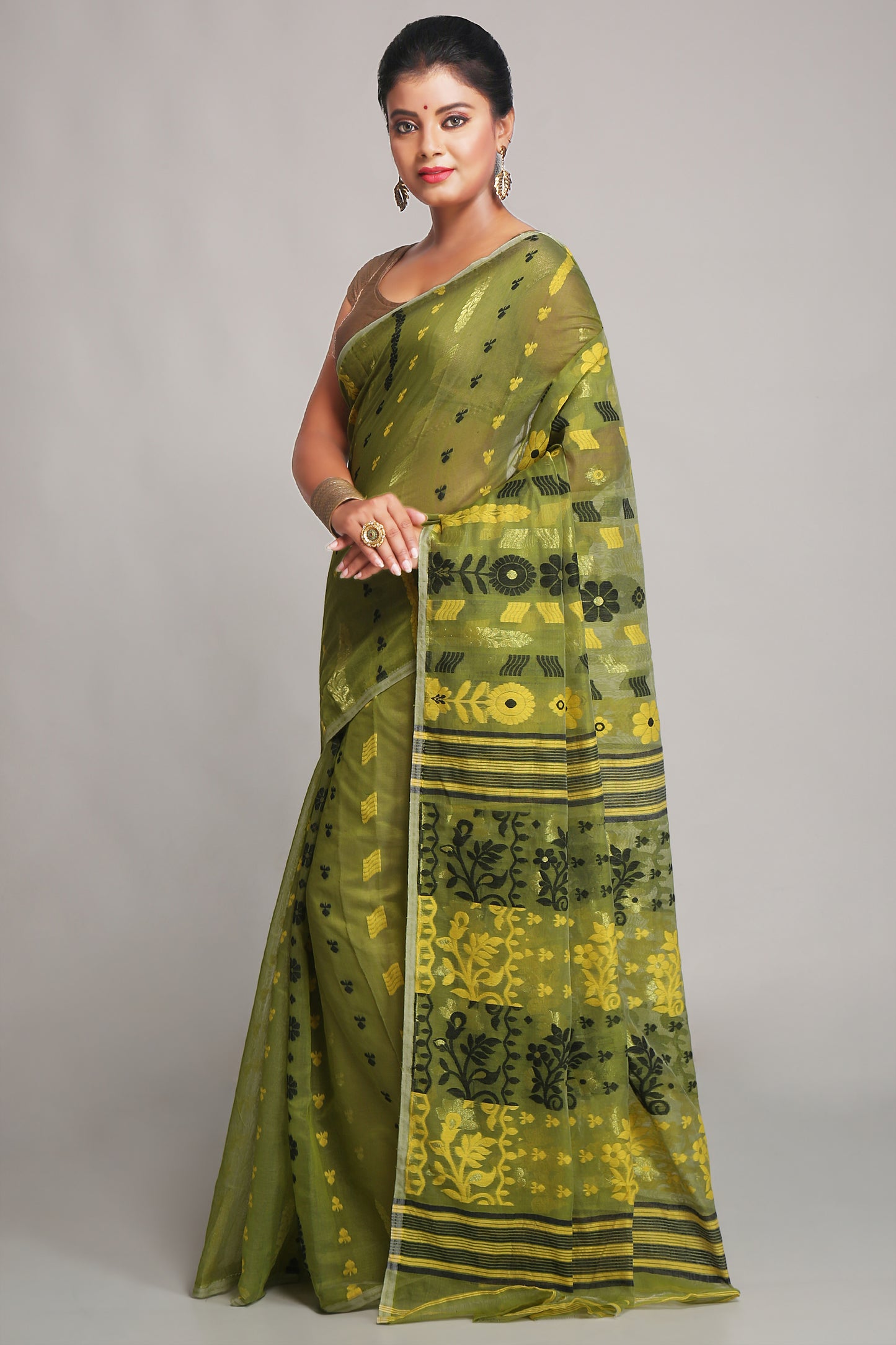 Cotton Silk Dhakai Soft Belpata Deep Green Jamdani Sarees