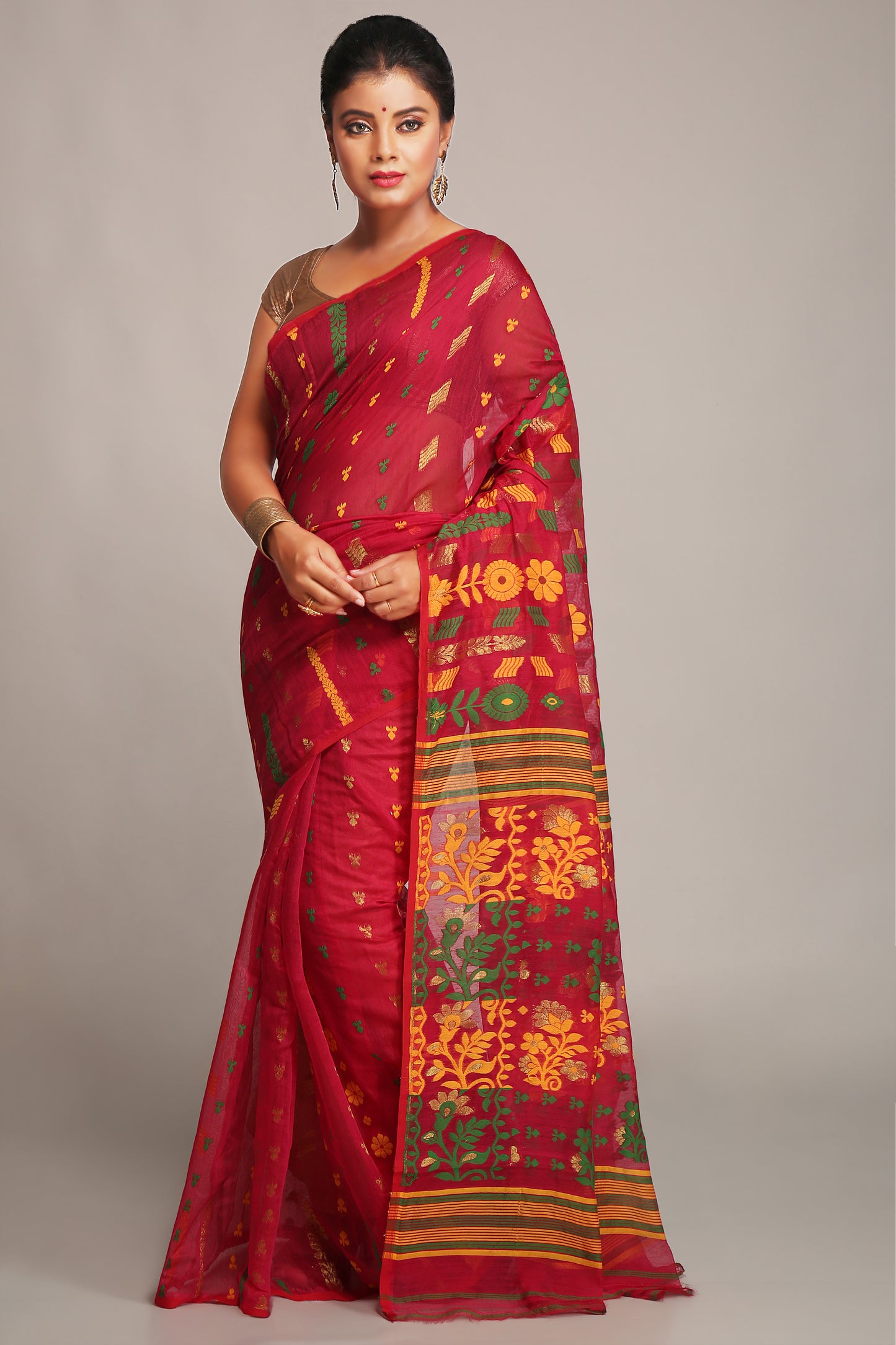 Cotton Silk Dhakai Softs Belpata Red Jamdani Saree