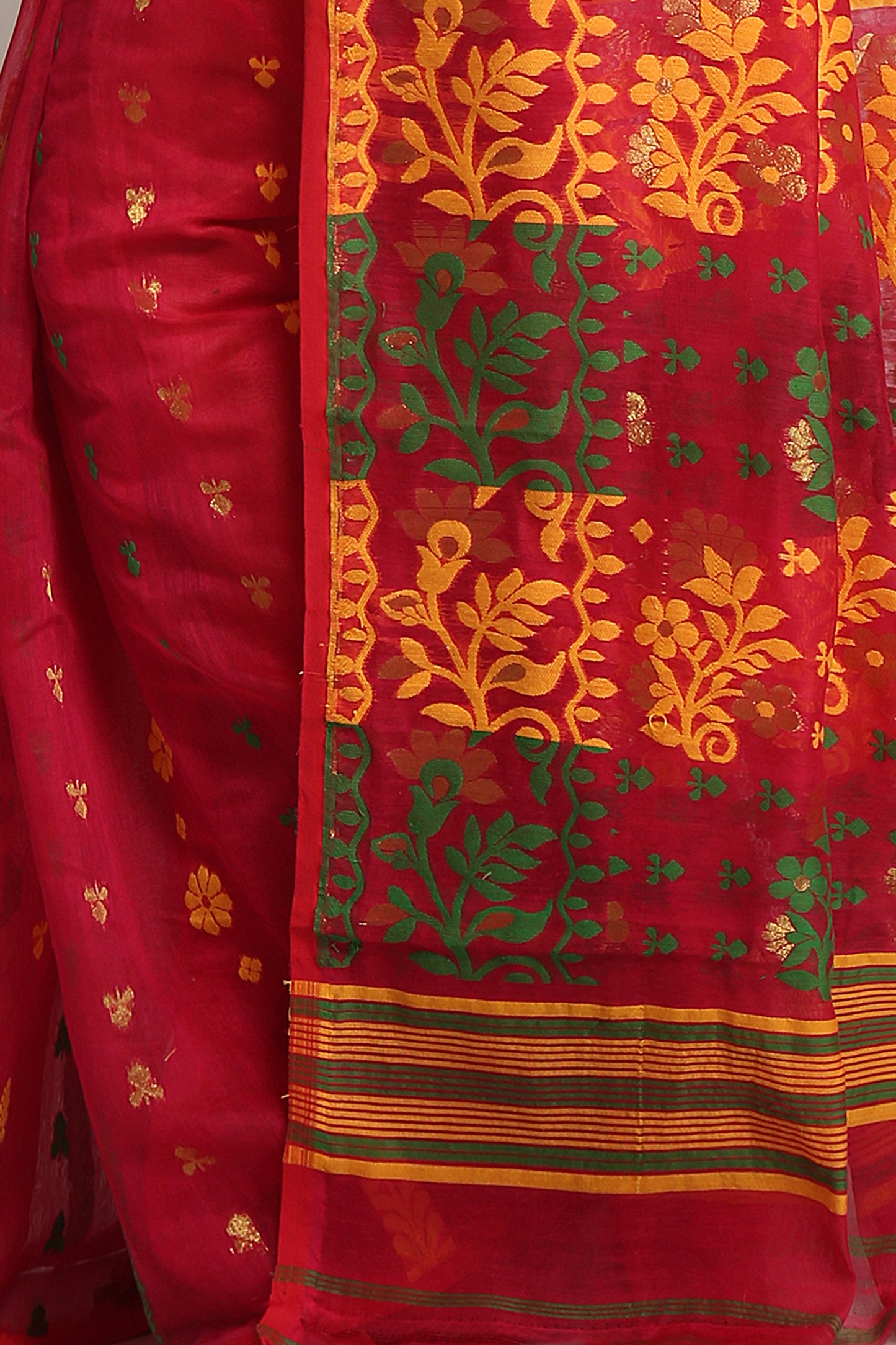 Cotton Silk Dhakai Softs Belpata Red Jamdani Saree