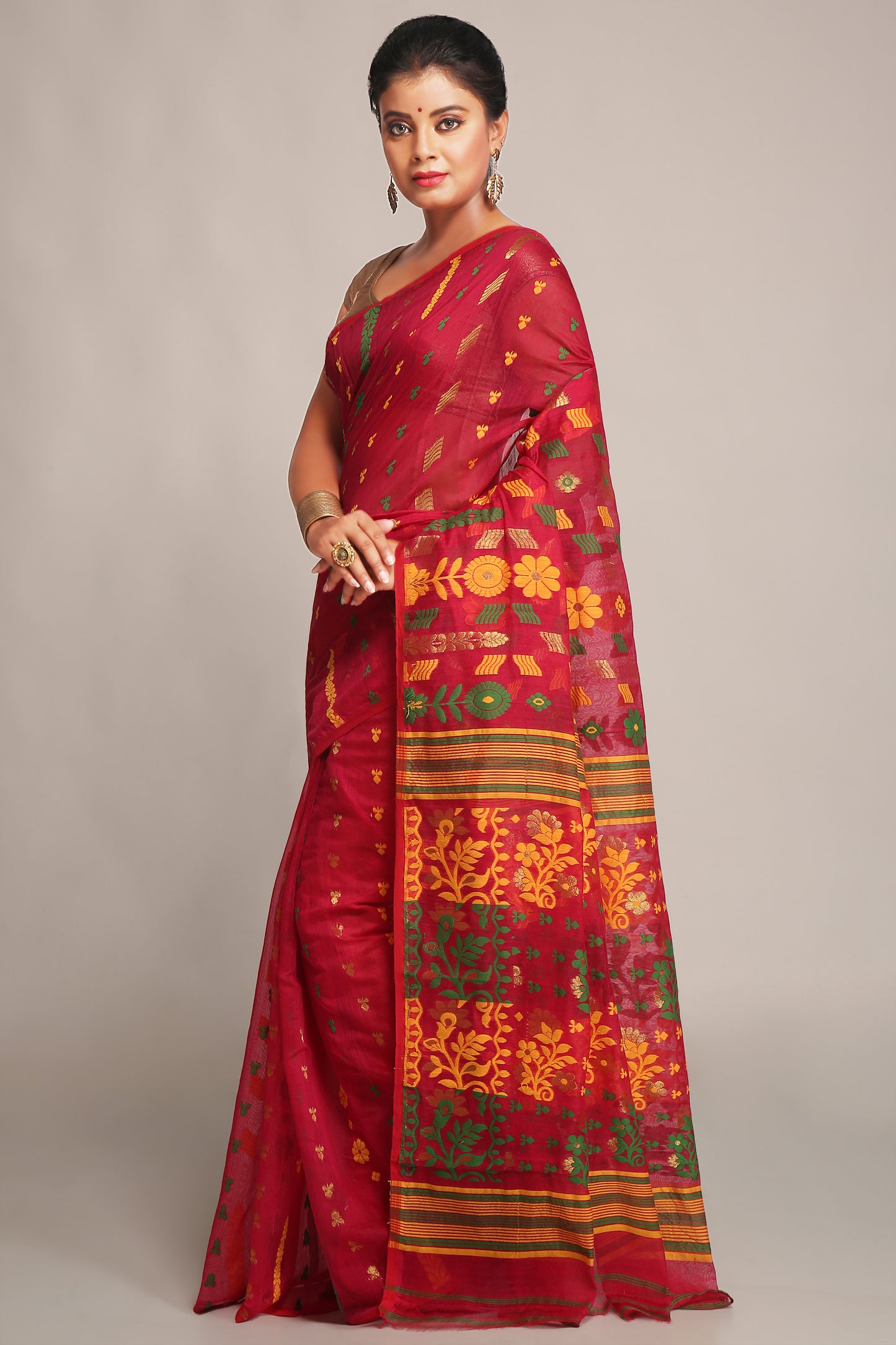 Cotton Silk Dhakai Softs Belpata Red Jamdani Saree