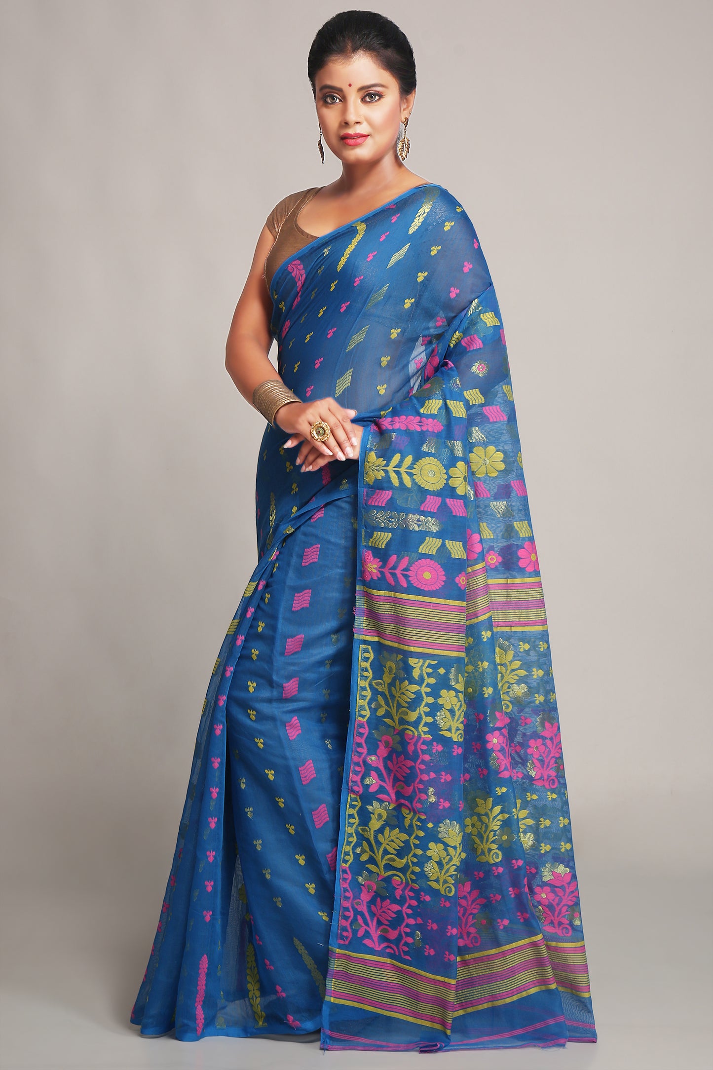 Cotton Silk Dhakai  Soft Belpata Sky Pink Jamdani Saree