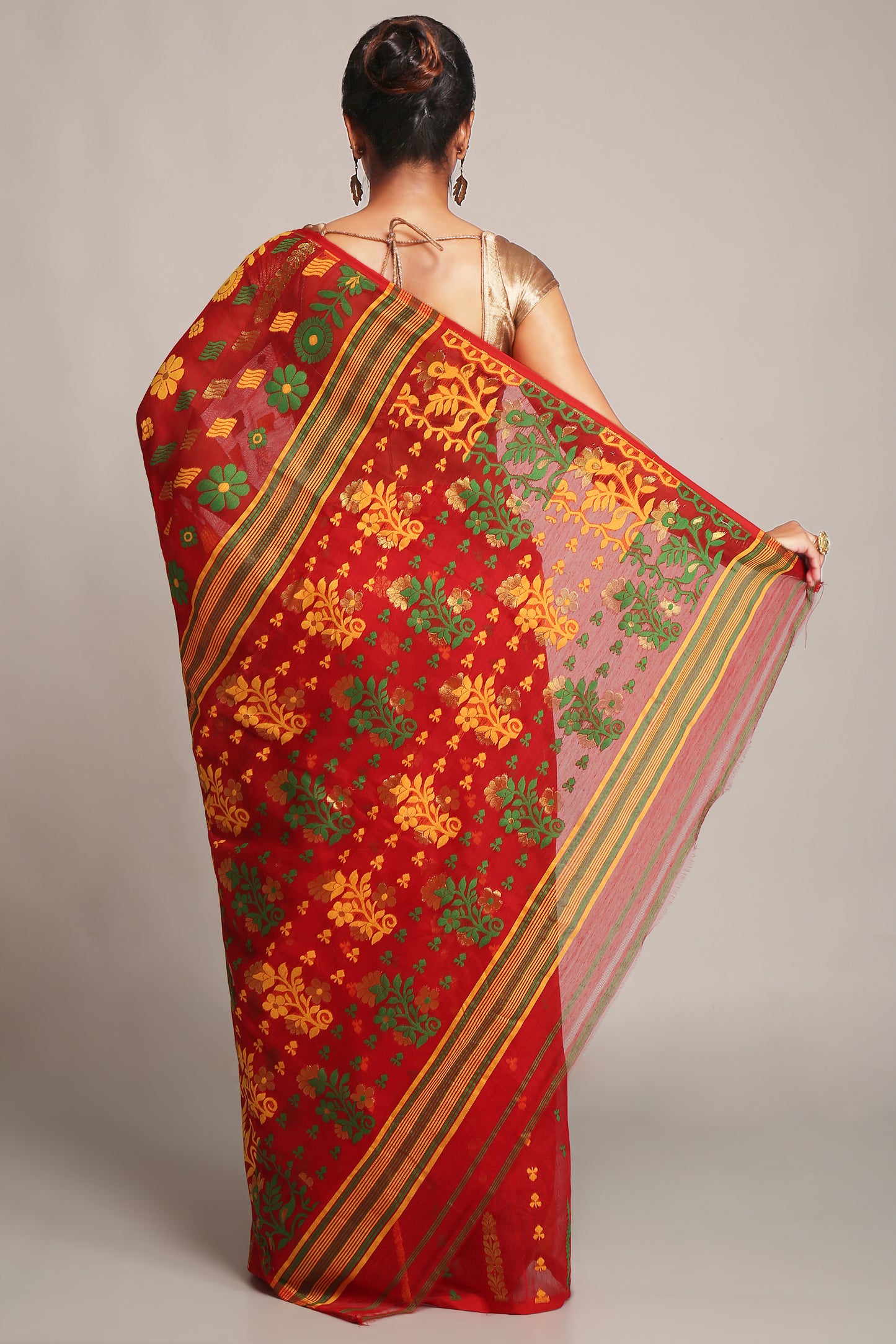 Cotton Silk Dhakai Soft Belpata Pink Yellow Jamdani Sarees