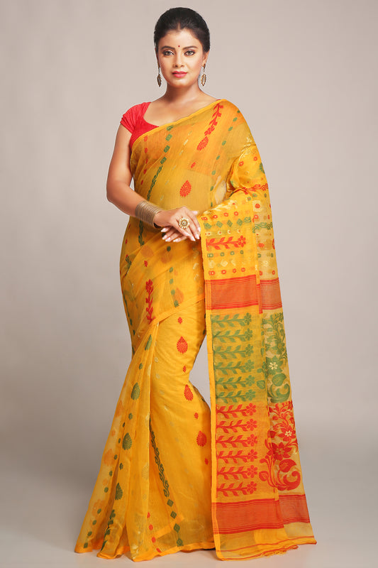 Cotton Silk Dhakai Softs Yellow Red Jamdani Sarees