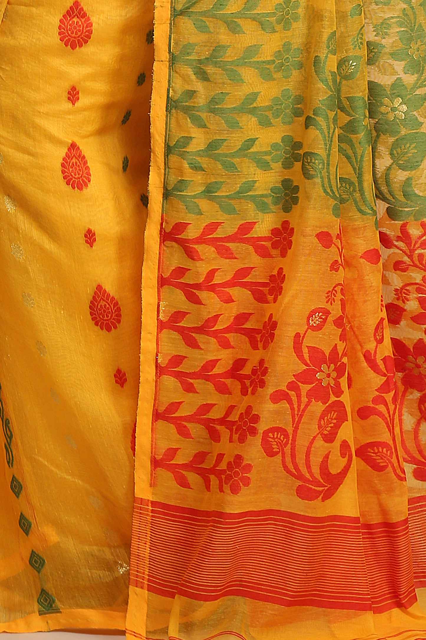 Cotton Silk Dhakai Softs Yellow Red Jamdani Sarees