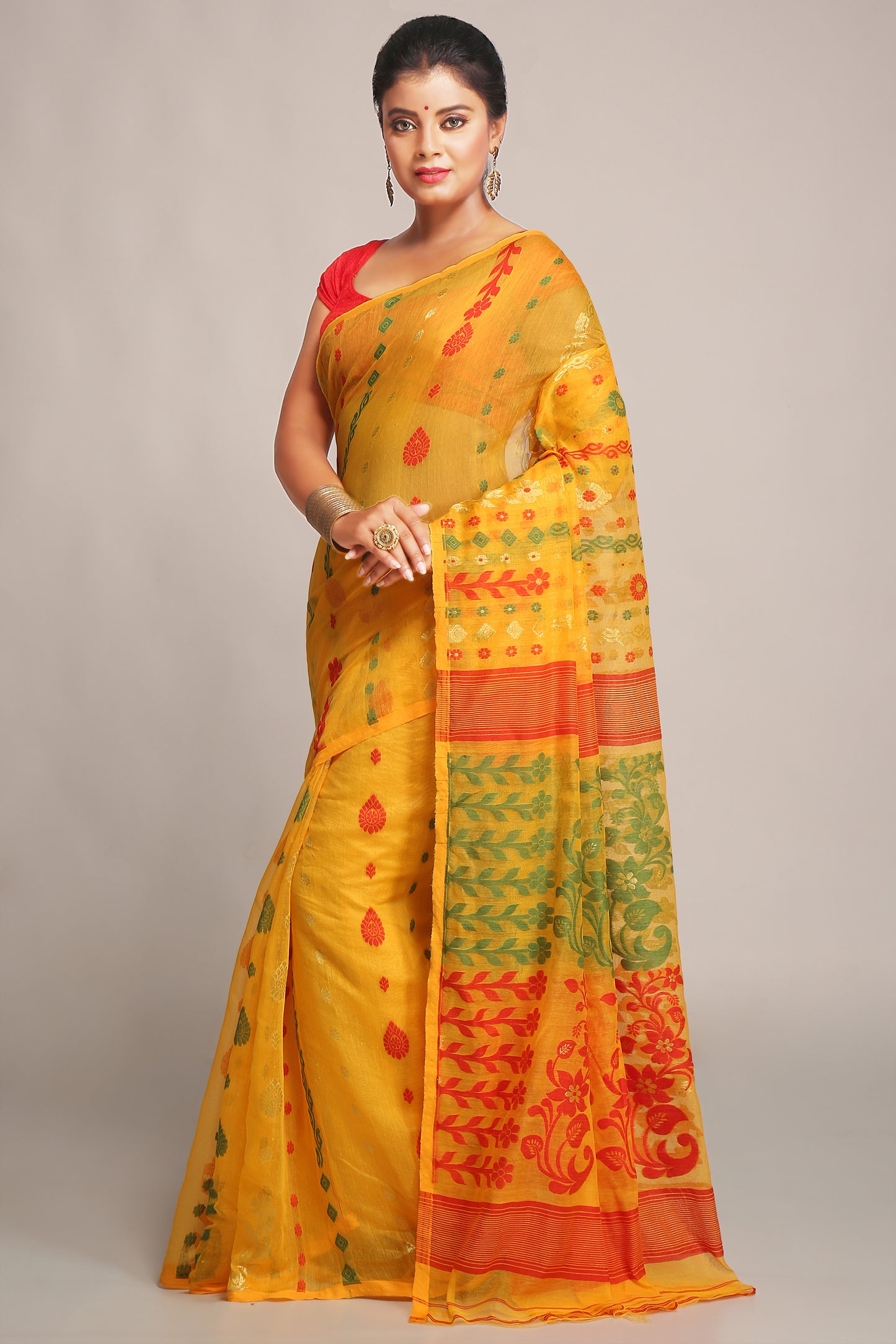 Cotton Silk Dhakai Softs Yellow Red Jamdani Sarees