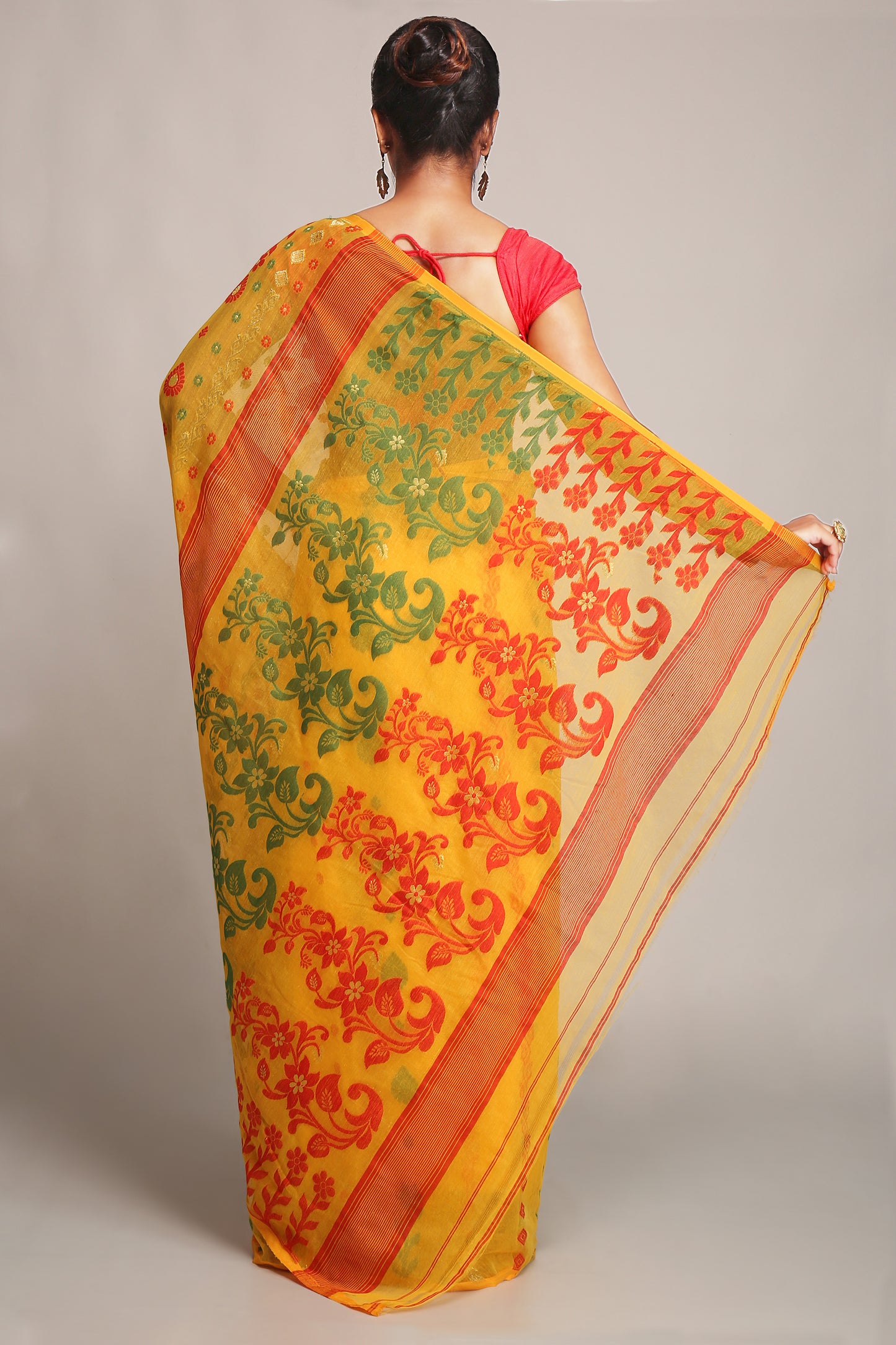 Cotton Silk Dhakai Softs Yellow Red Jamdani Sarees