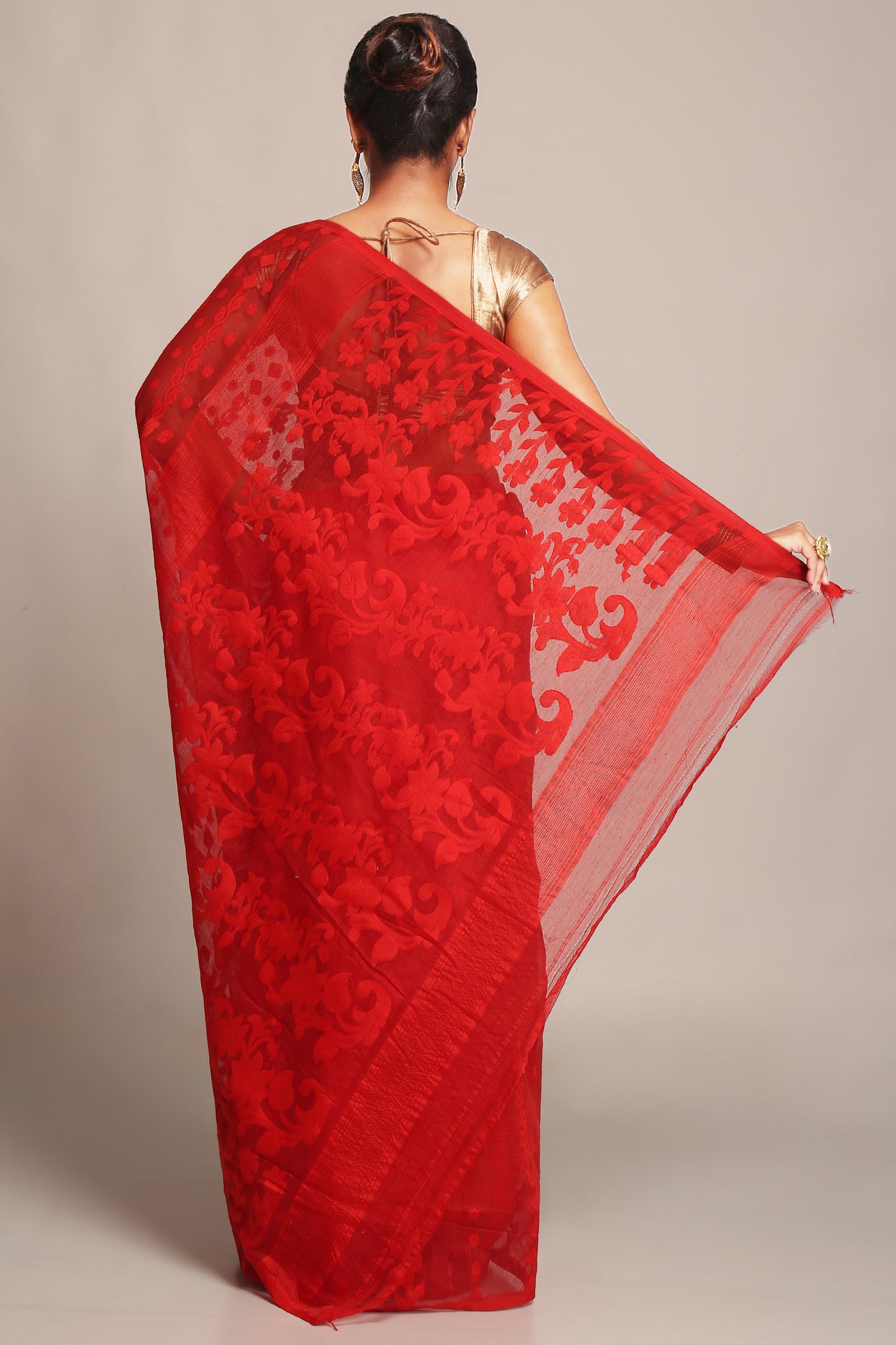 Cotton Silk Dhakai Softs Red Jamdani Sarees.