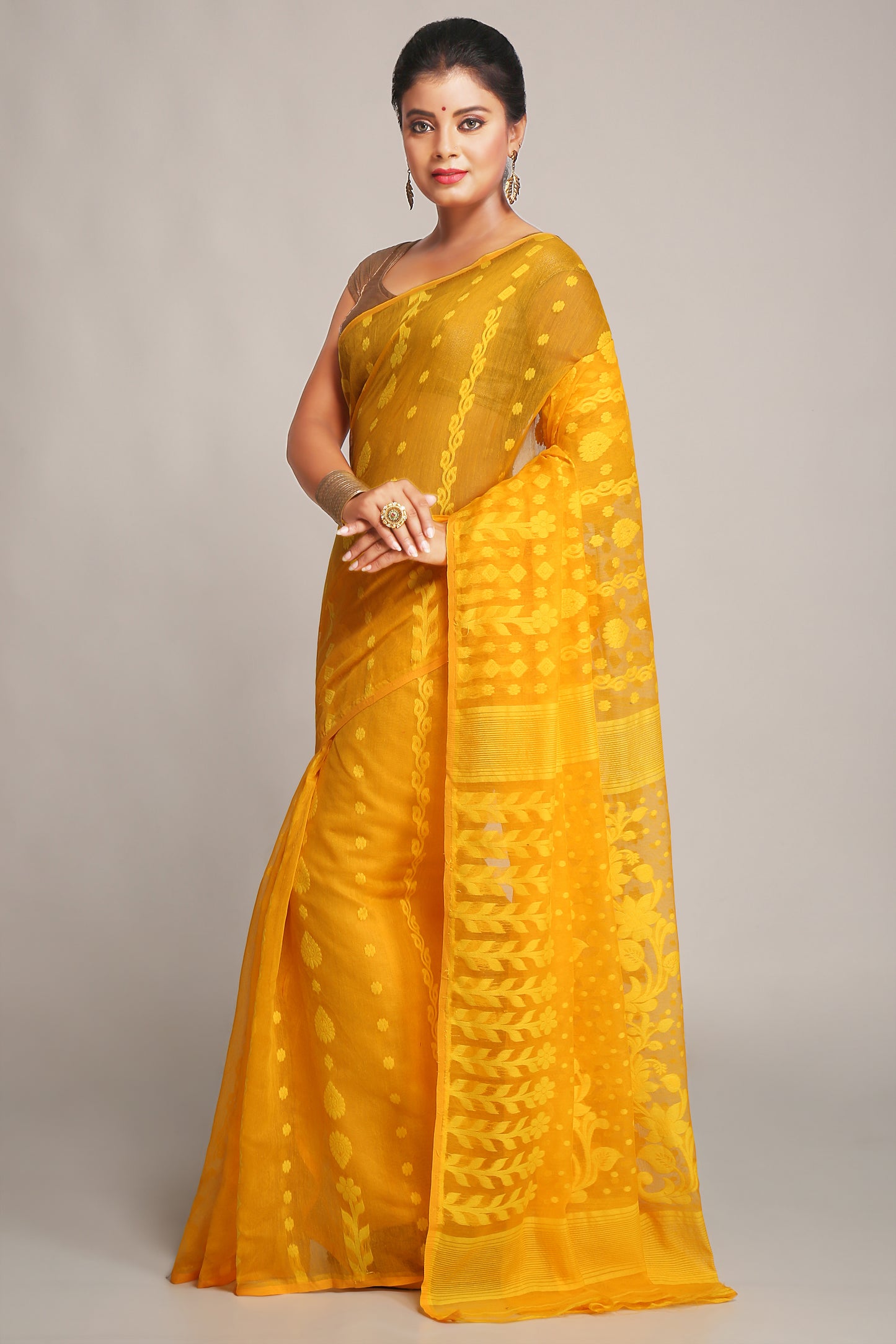 Cotton Silk Dhakai Yellow Softs Jamdani Sarees