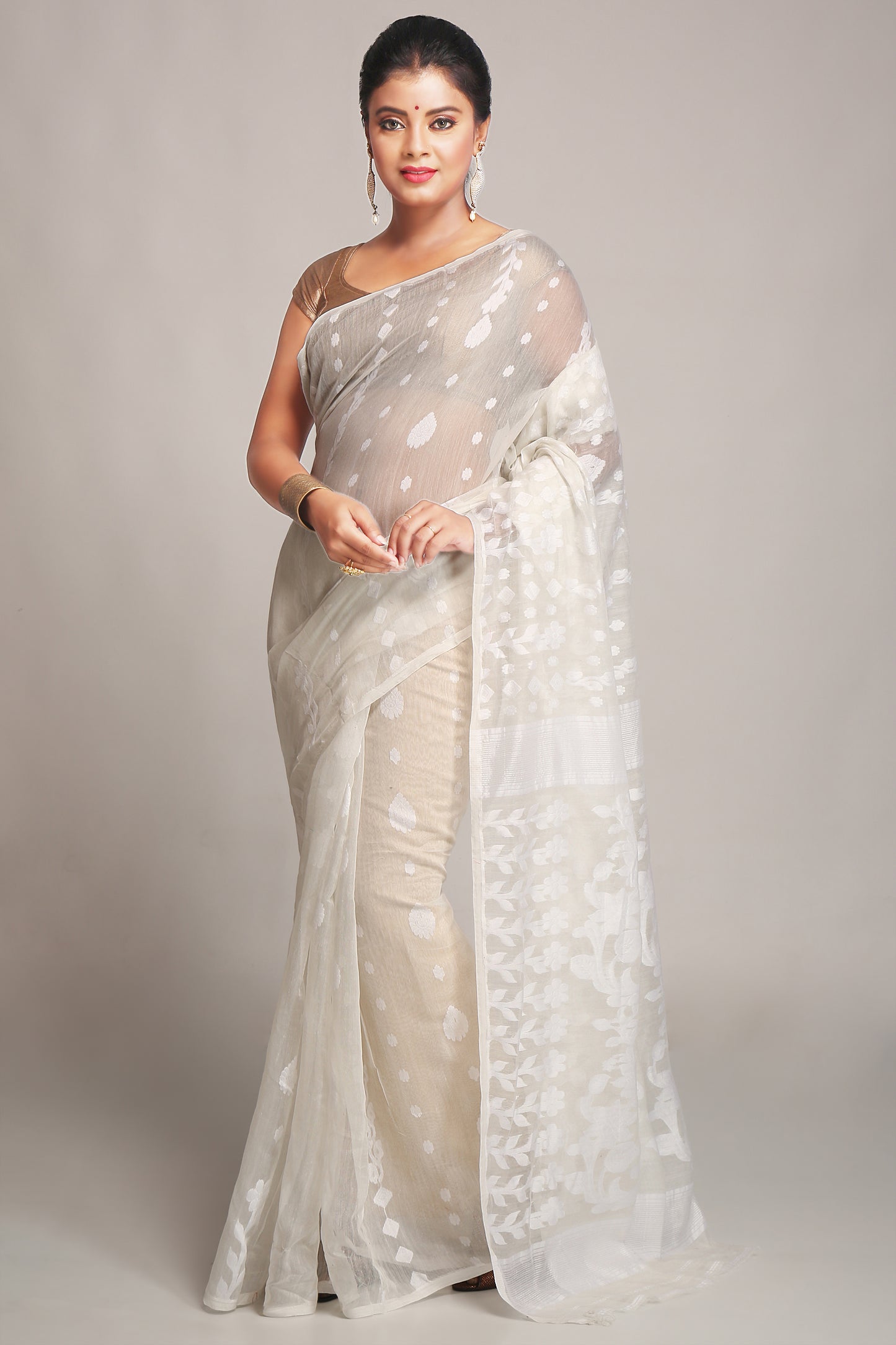 Cotton Silk Dhakai White Softs Jamdani Sarees.